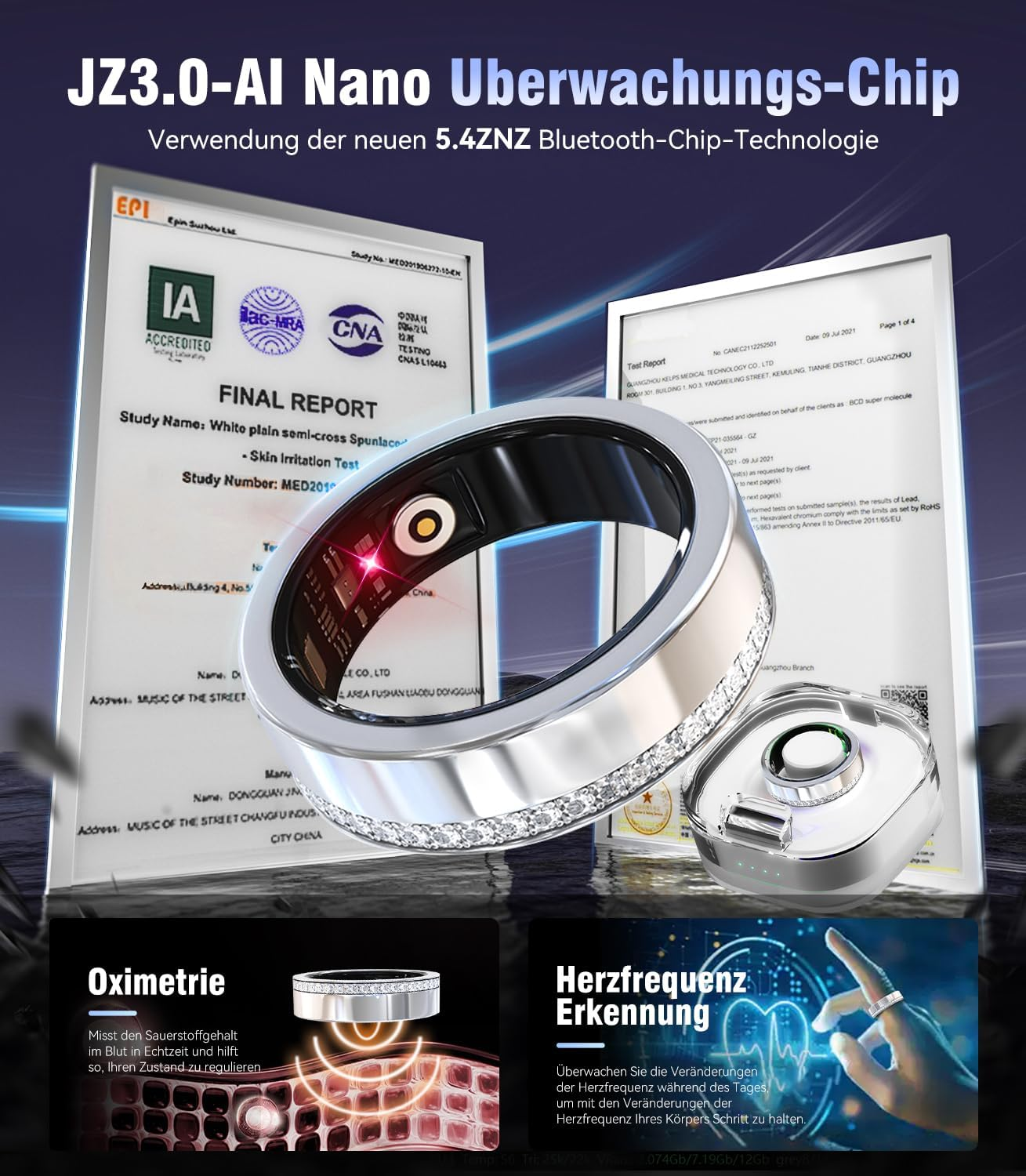 Ein Ring-Smart-Device, ein Testbericht und ein Ladecase. Oben steht 