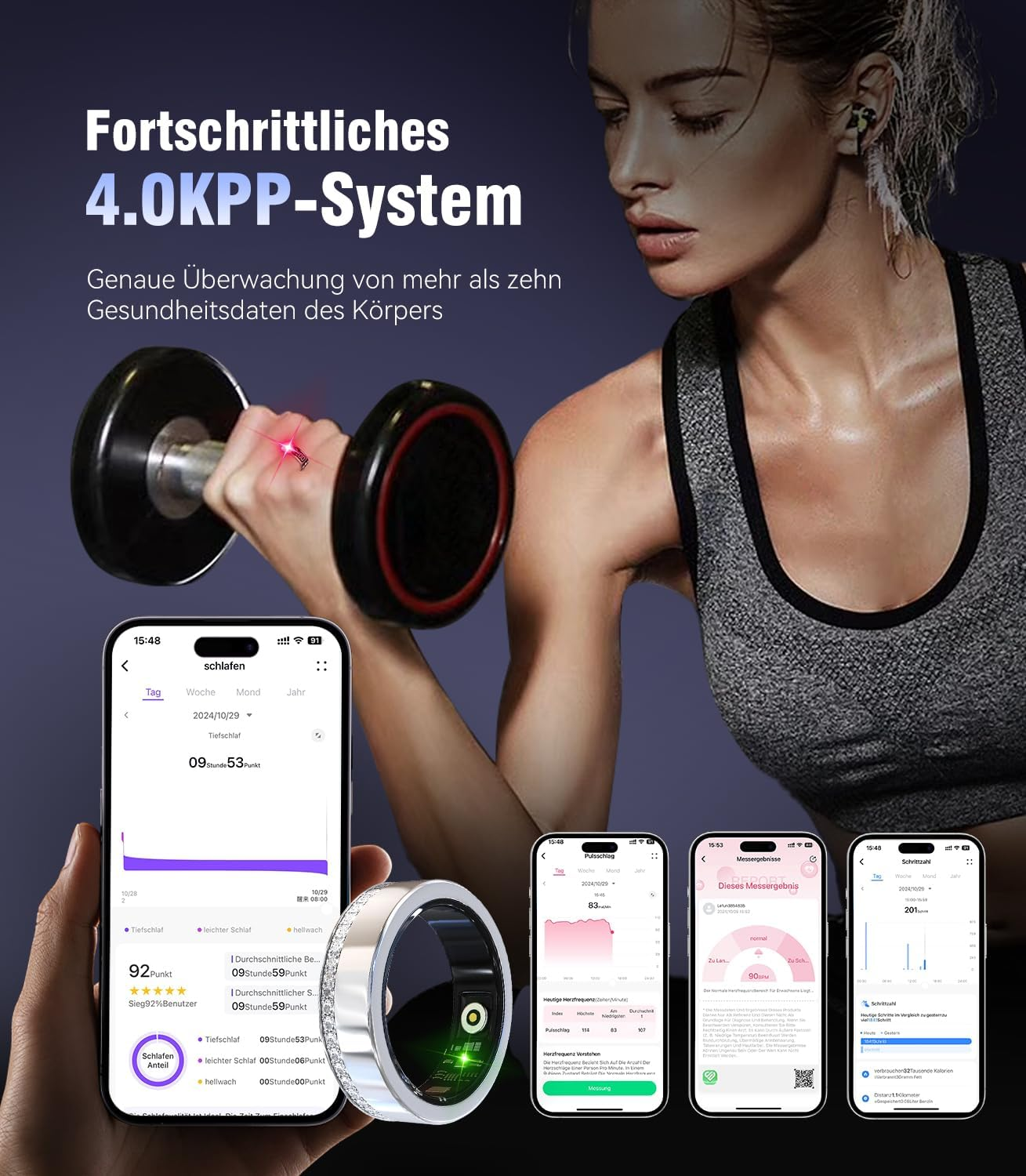 Frau mit Hantel, Ring und Smartphone-Apps, die Gesundheitsdaten zeigen.