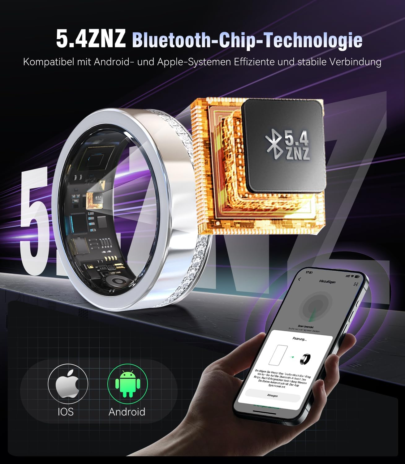 Ring mit Bluetooth 5.4 ZNZ Chip, Smartphone-App, iOS & Android Symbole.