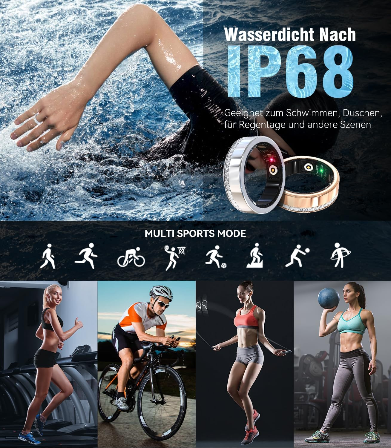 IP68 wasserdichtes Smartring für Sportarten wie Schwimmen, Laufen, Radfahren.