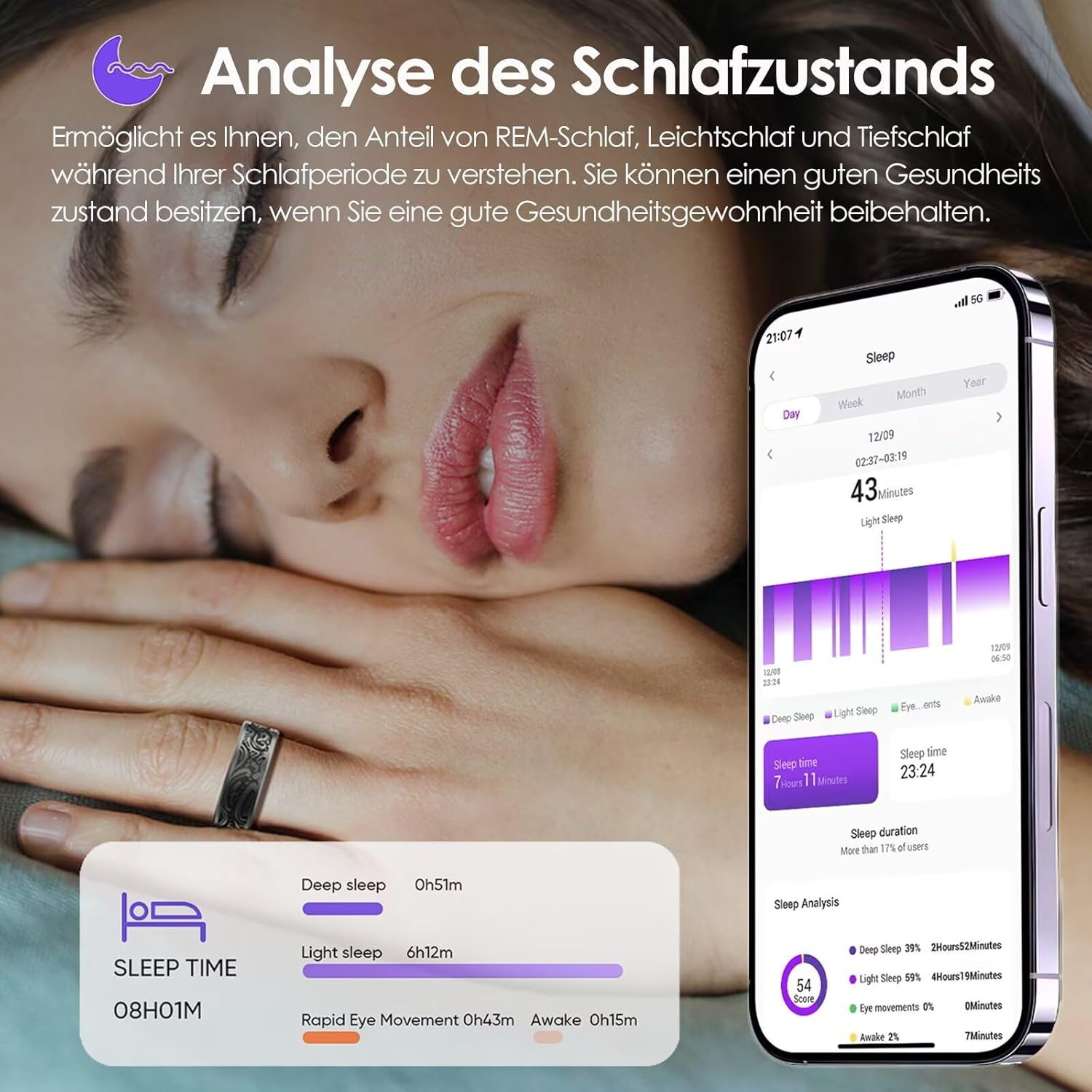 Schlafzustandsanalyse mit Frauengesicht, Handy-App und Ring am Finger.