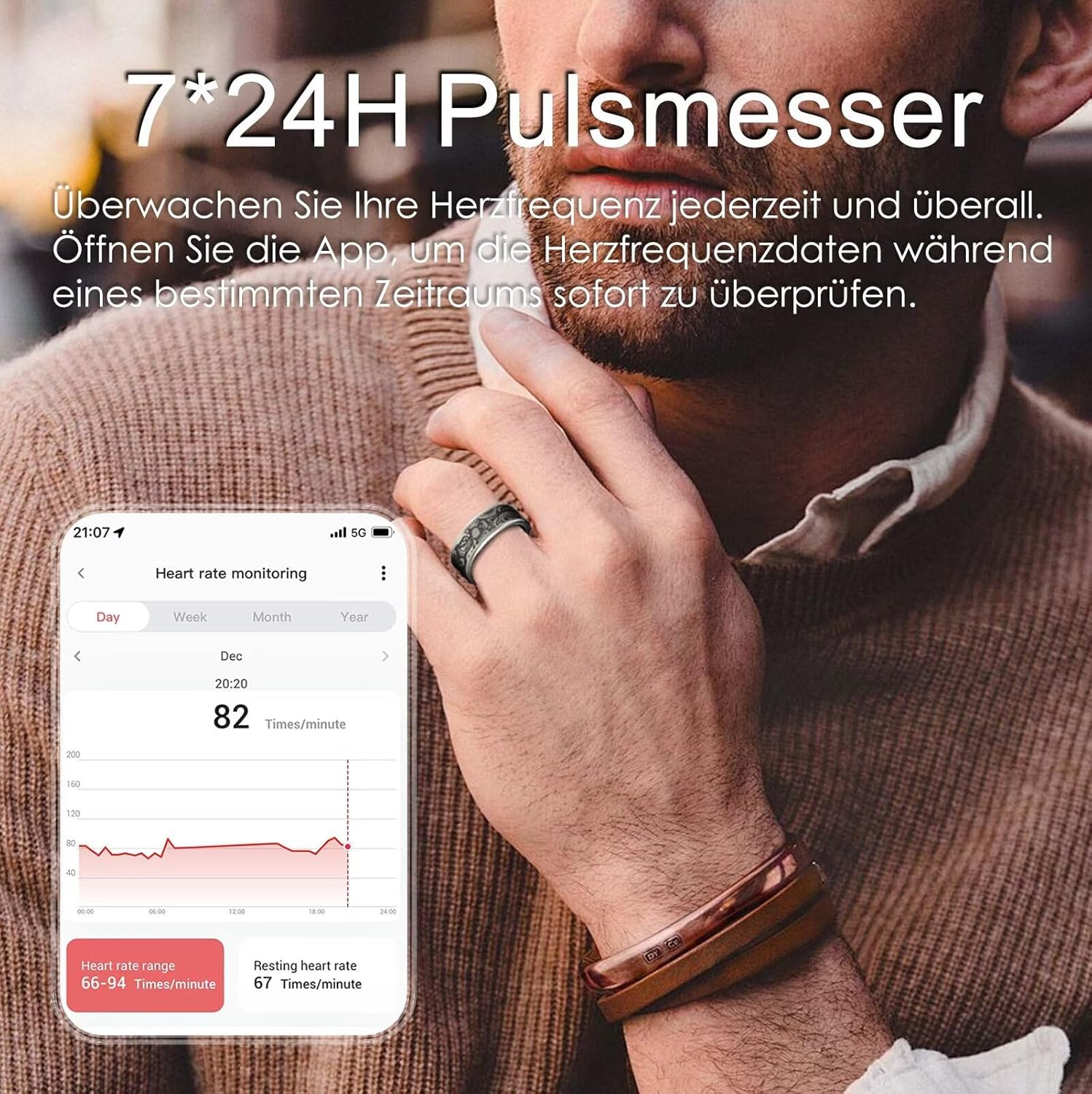 Mann mit Smartwatch zeigt Herzfrequenzdiagramm an.