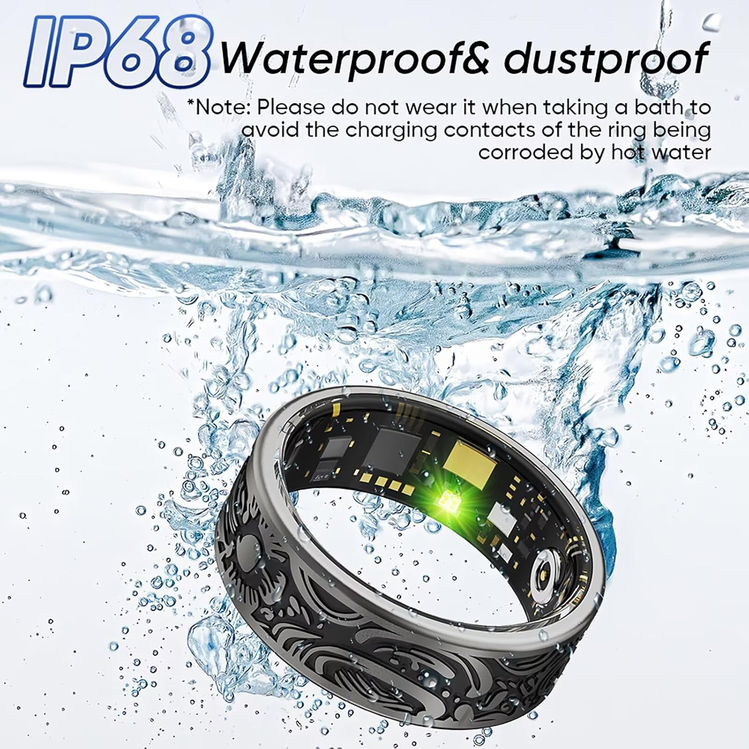 Ein Ring mit komplizierten Mustern taucht in Wasser. Grün leuchtet.