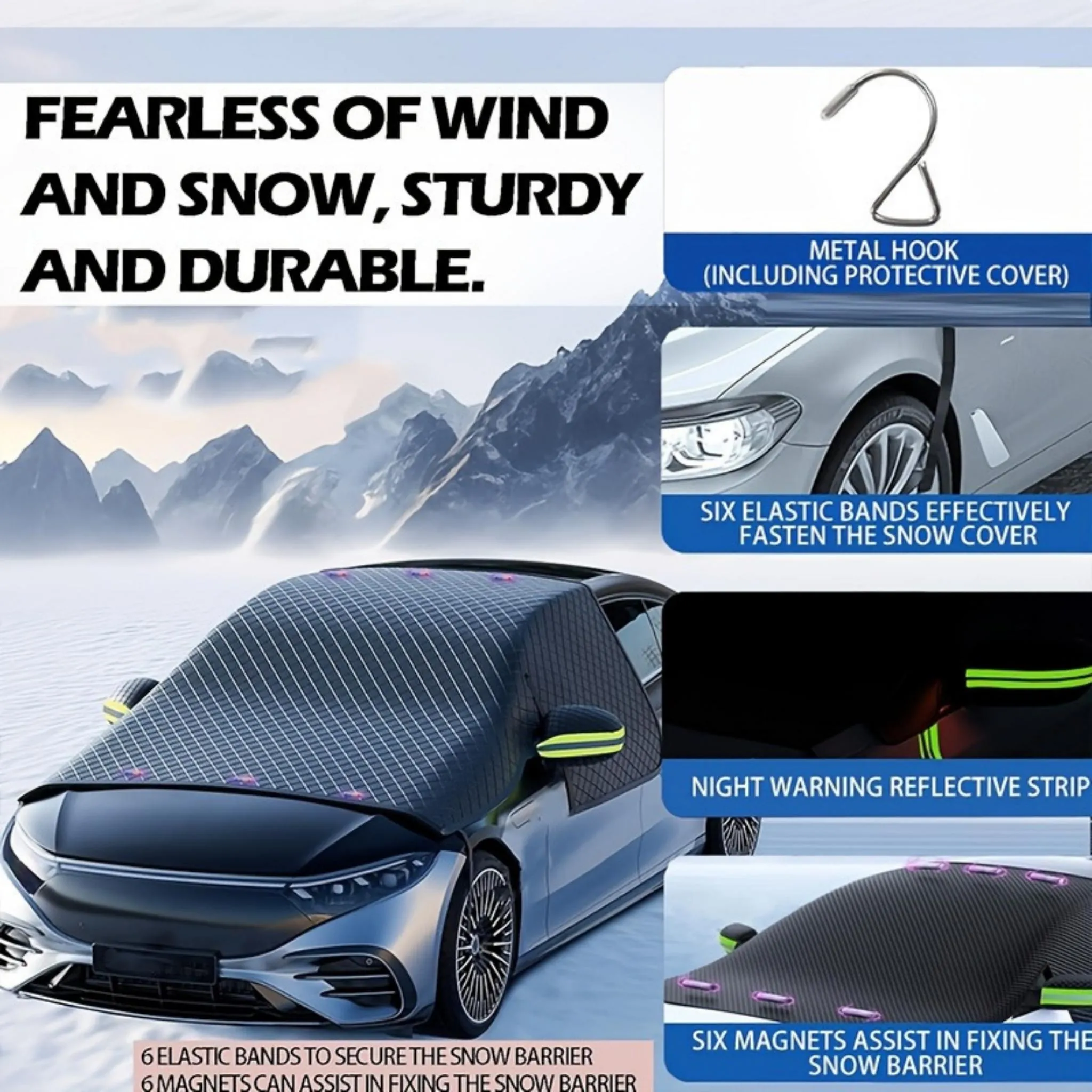 Auto mit Schneeschutzabdeckung und Berglandschaft im Hintergrund.
