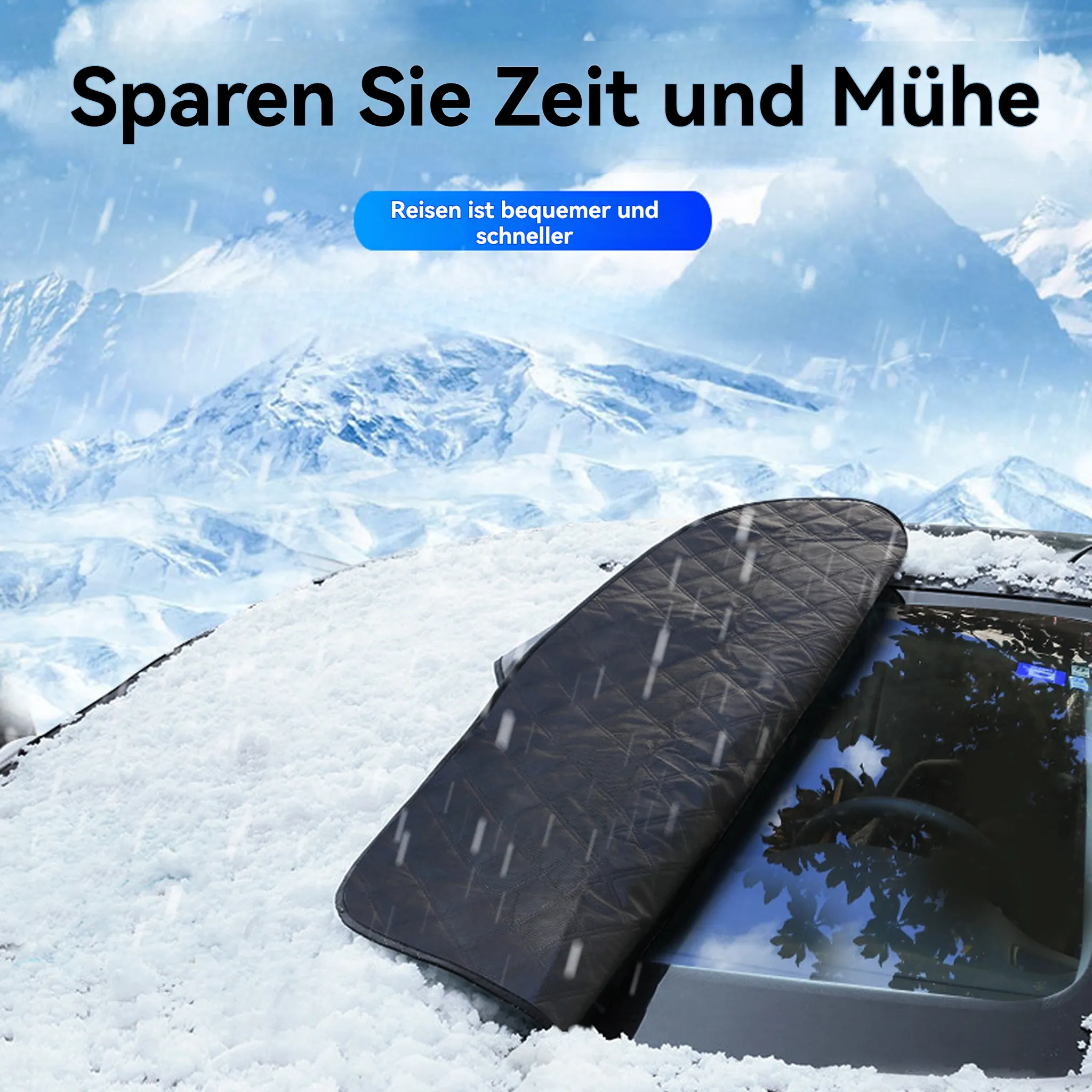 Schwarzer Autoscheibenschutz bedeckt mit Schnee, Berge im Hintergrund.