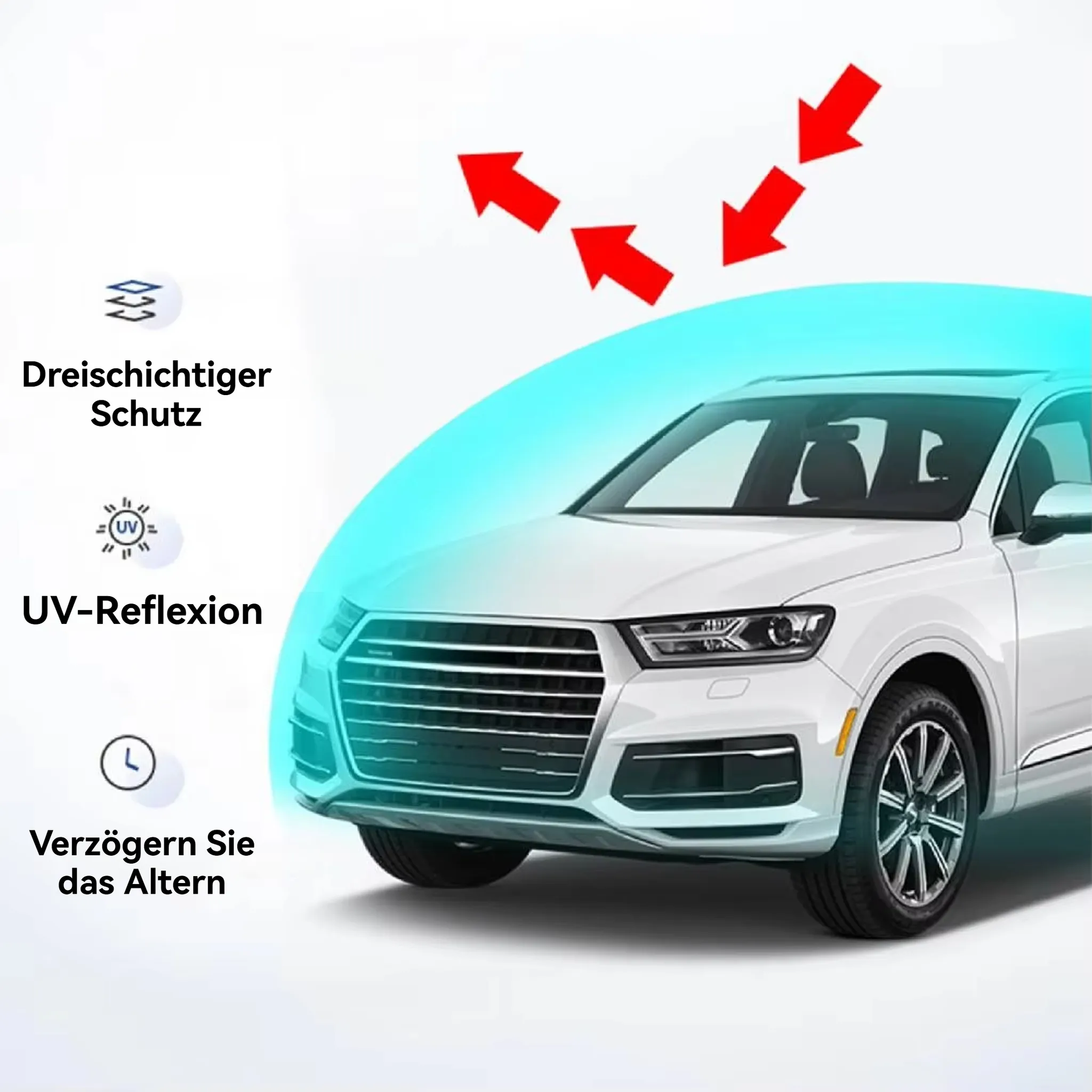 Weißer SUV mit UV-Schutz-Symbolen und roten Pfeilen.