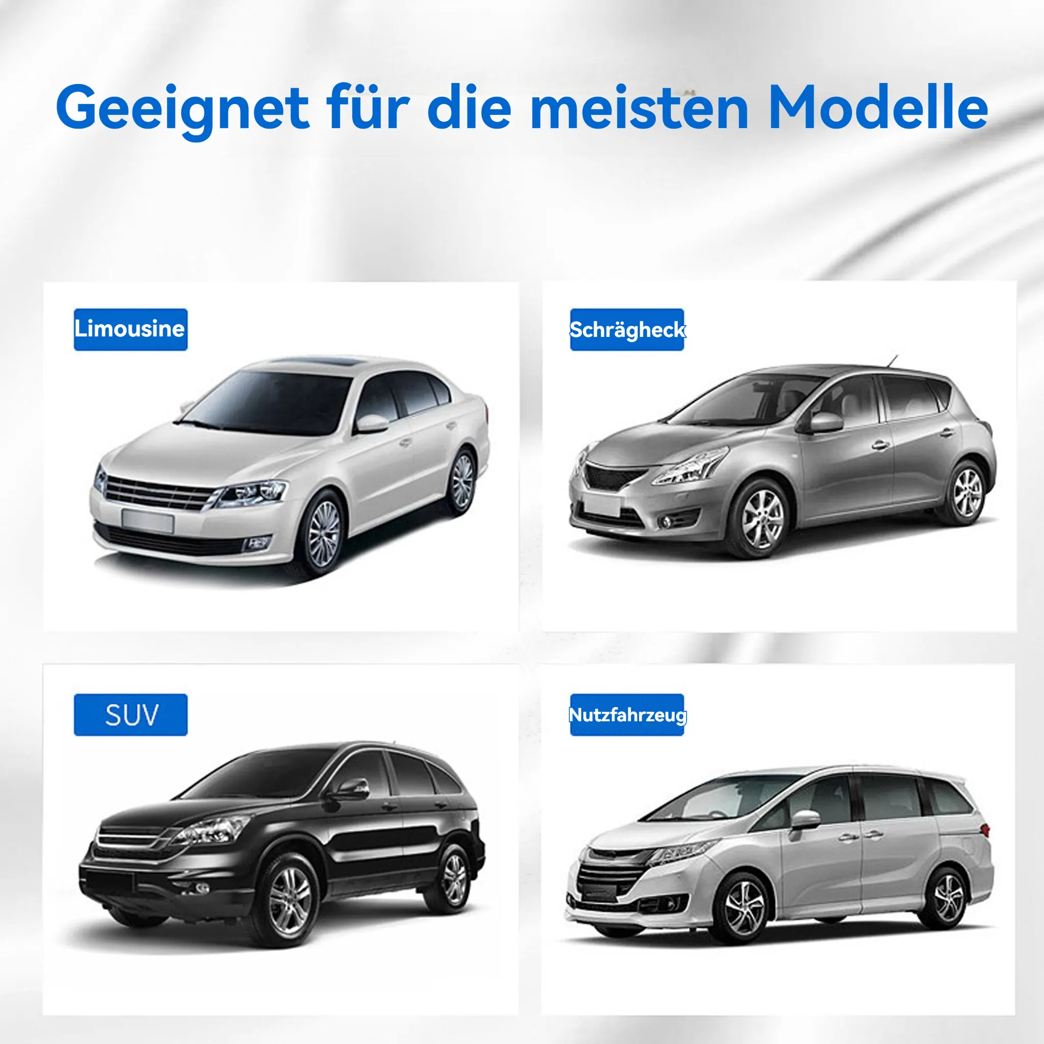 Vier Autos: weiße Limousine, silberner Schrägheck, schwarzer SUV, silberner Van.