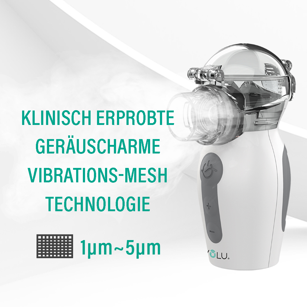 Ein weißer Vernebler mit Text über Lärmarmut und 1-5µm Partikelgröße.