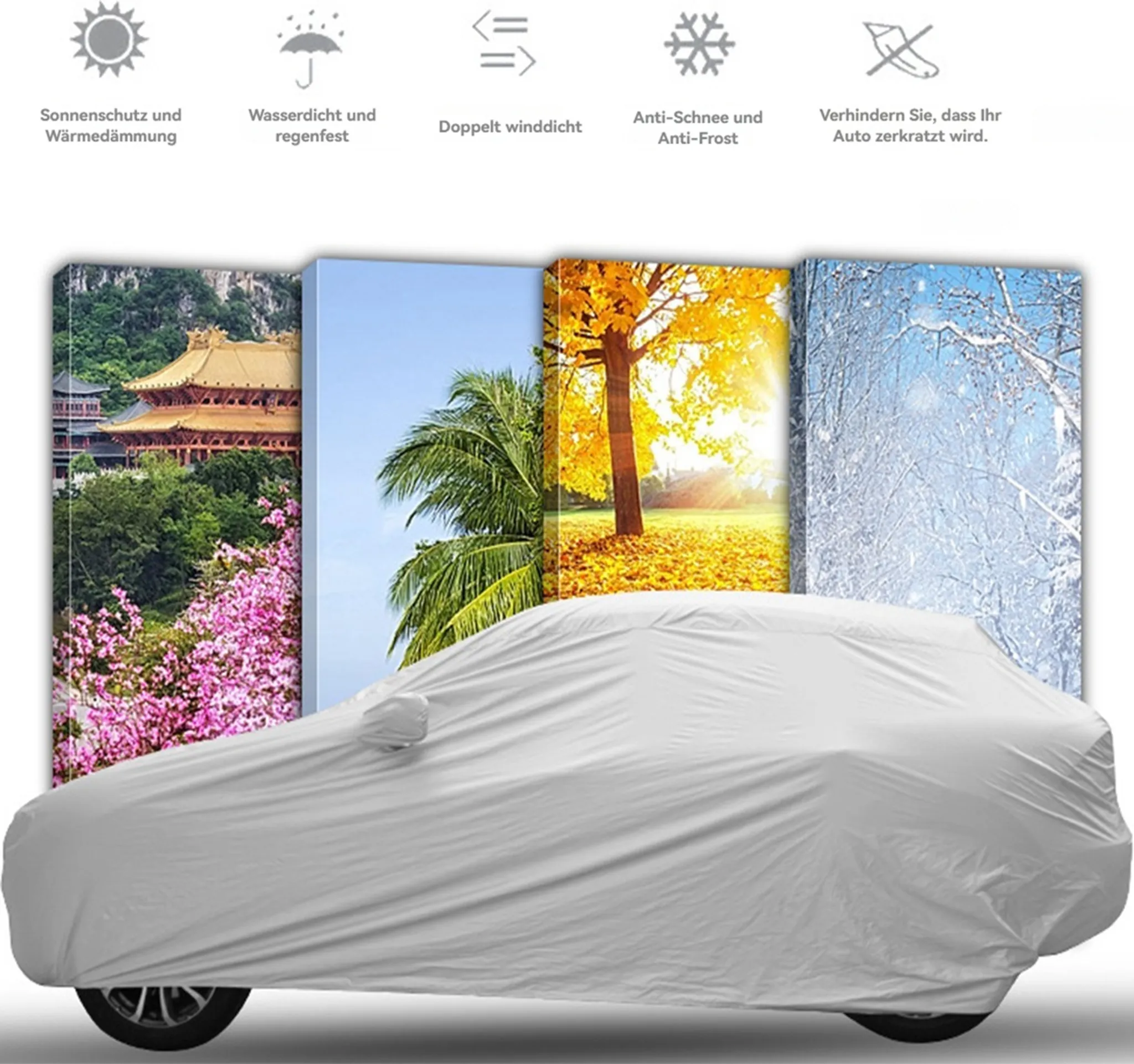 Ein Auto ist mit einer grauen Hülle bedeckt, mit vier Bildern im Hintergrund.