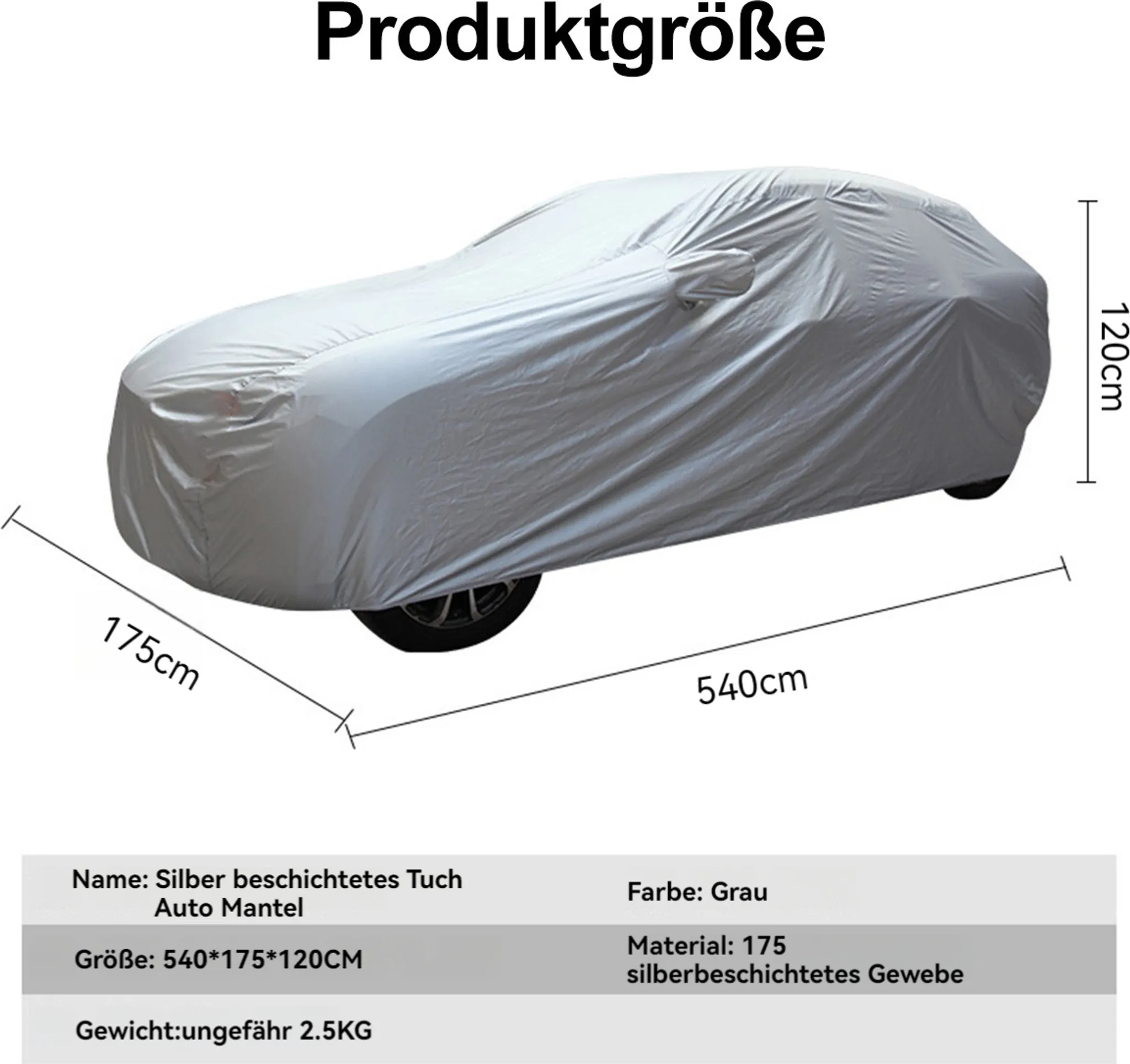 Ein grauer Auto-Abdeckschutz mit Maßen 540x175x120cm.