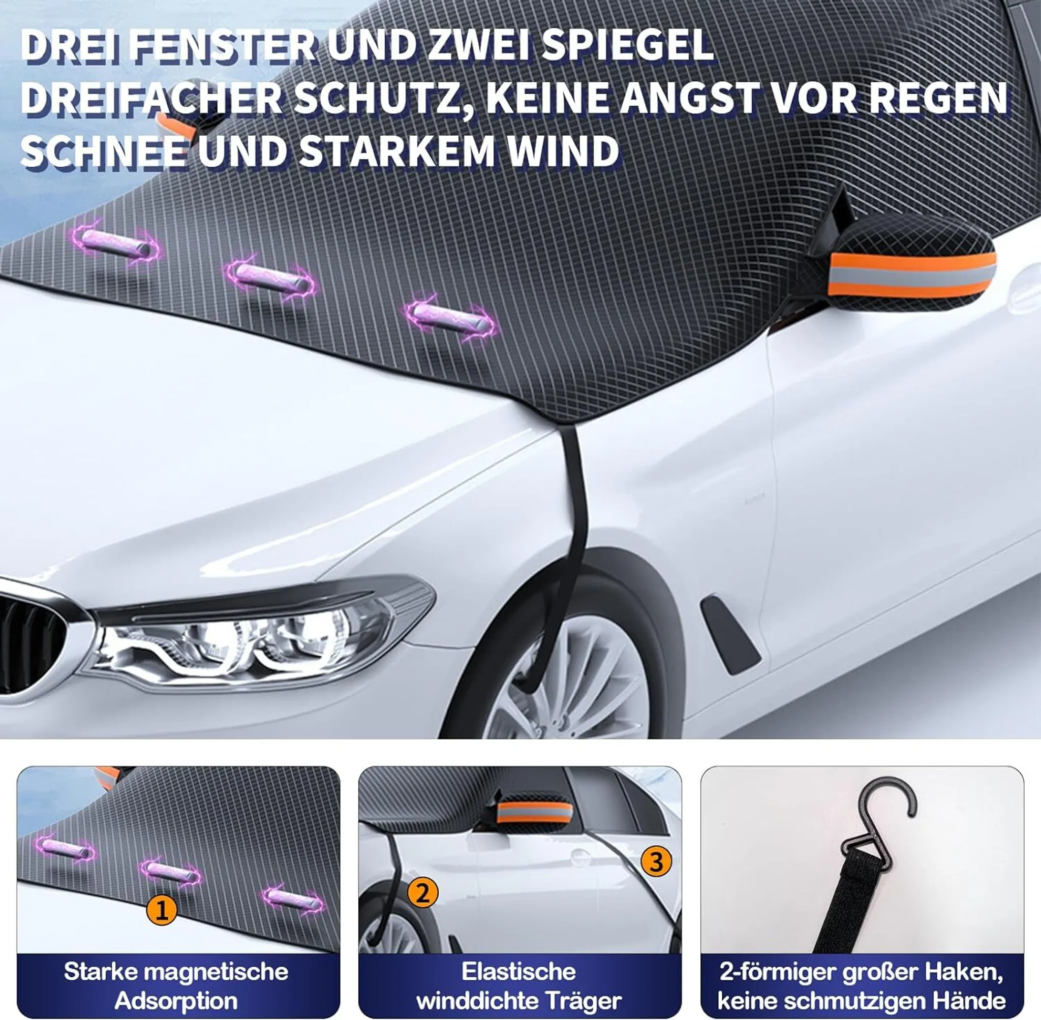 Abdeckung schützt Auto vor Regen, Schnee und Wind mit Magneten und Haken.