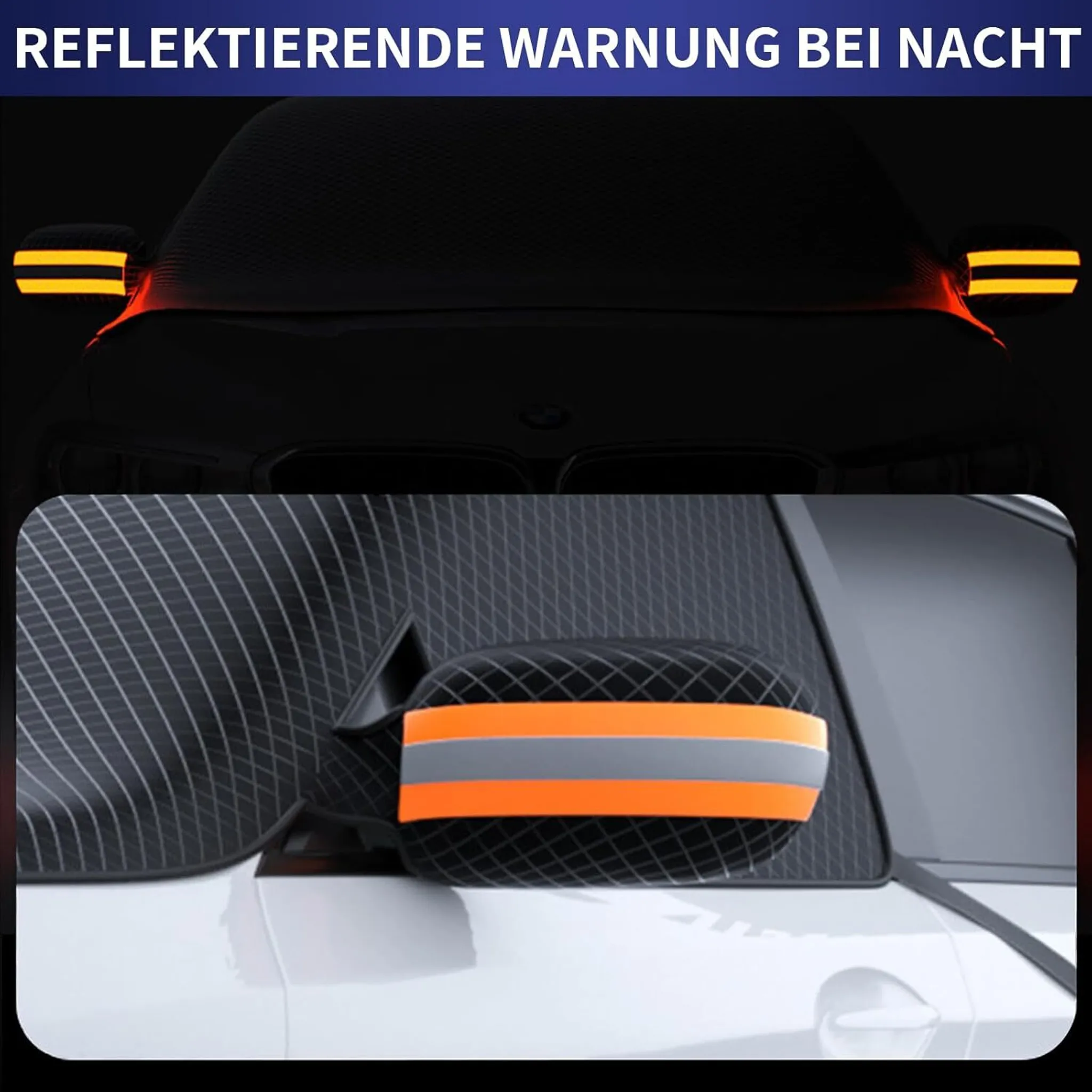 Reflektierende Warnstreifen an einem Auto-Außenspiegel bei Nacht.