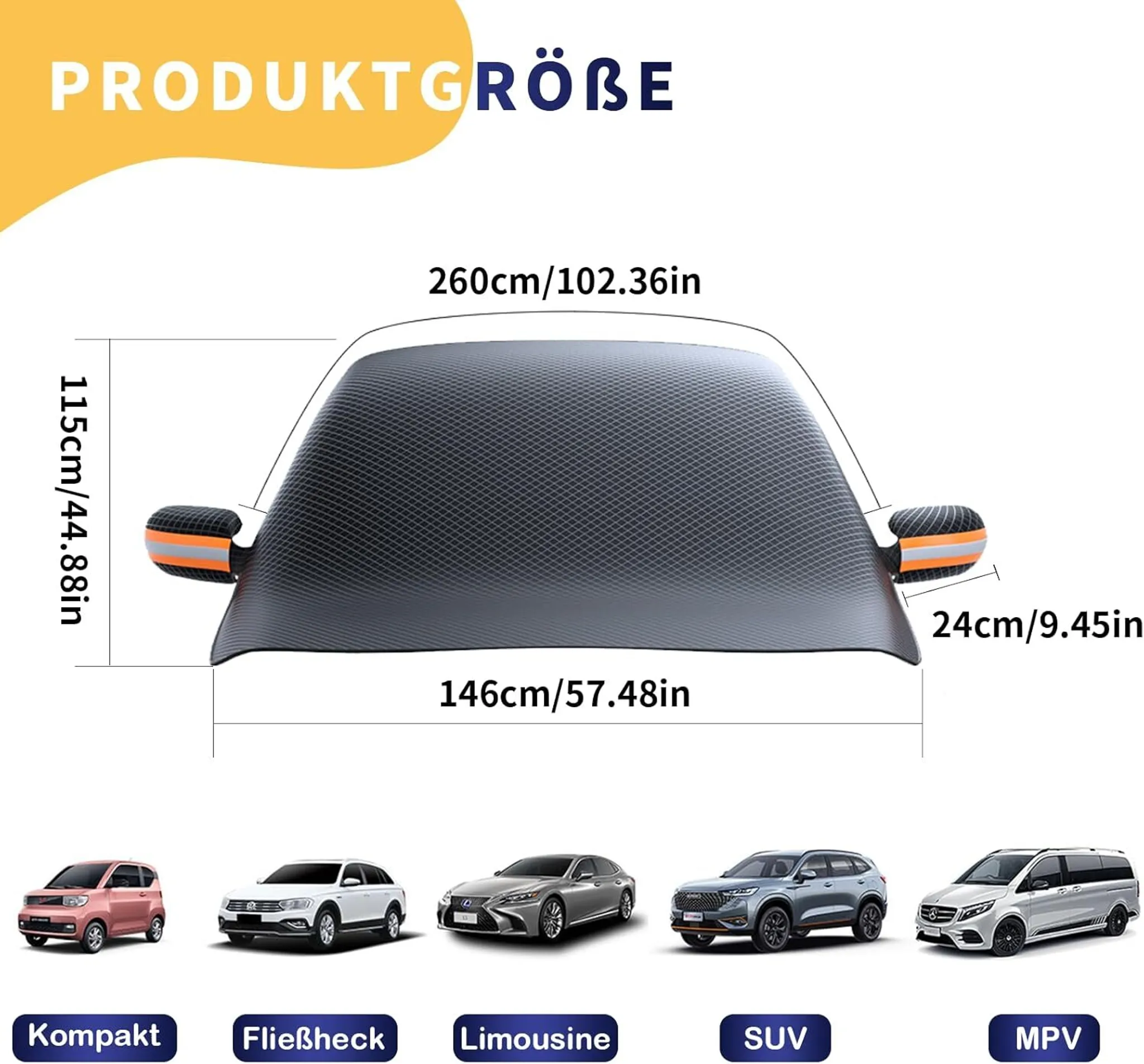 Produktgröße: Abdeckung mit Maßen, daneben 5 Fahrzeugtypen: Kompakt, Fließheck, Limousine, SUV, MPV.