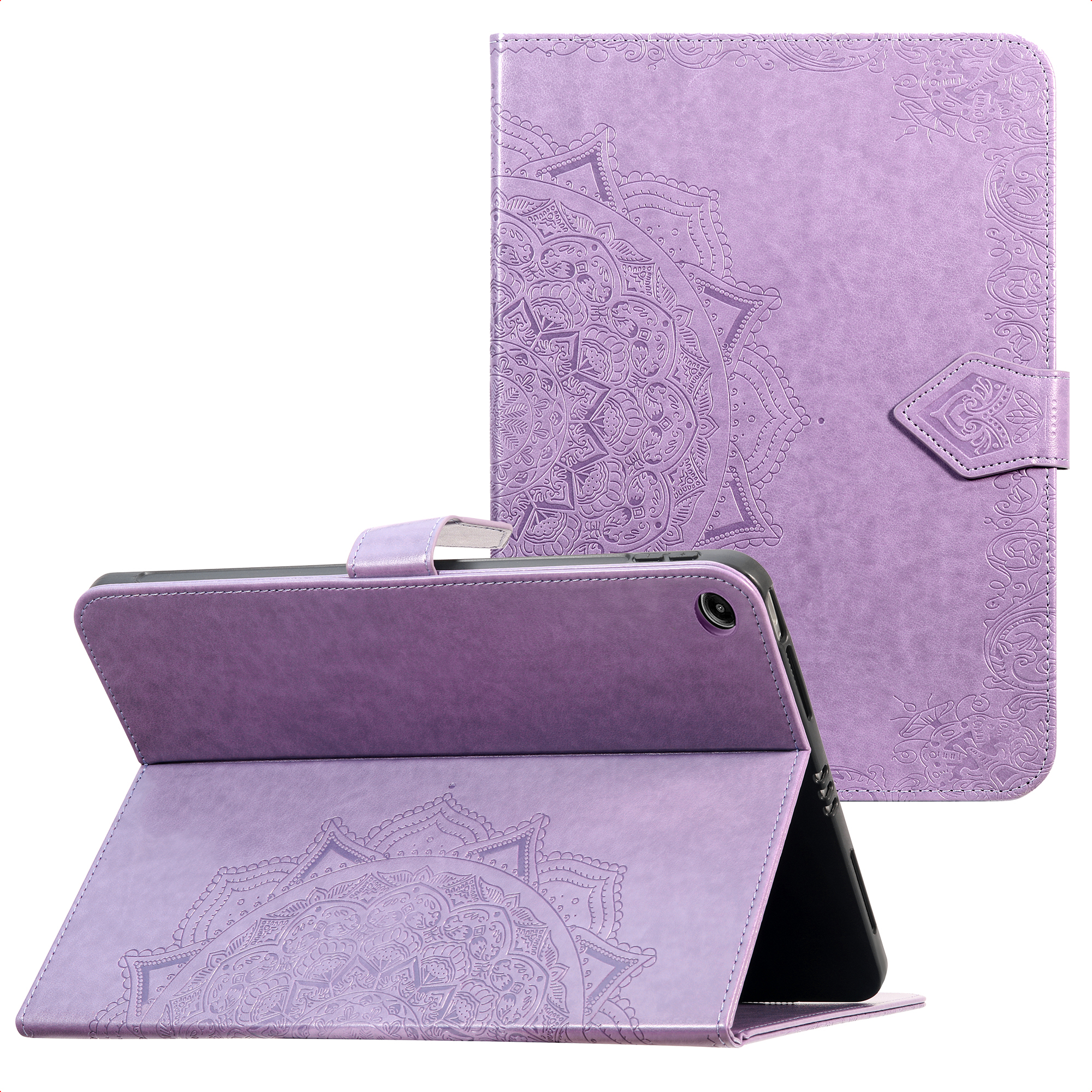 Purple tablet case with mandala pattern, open and closed.