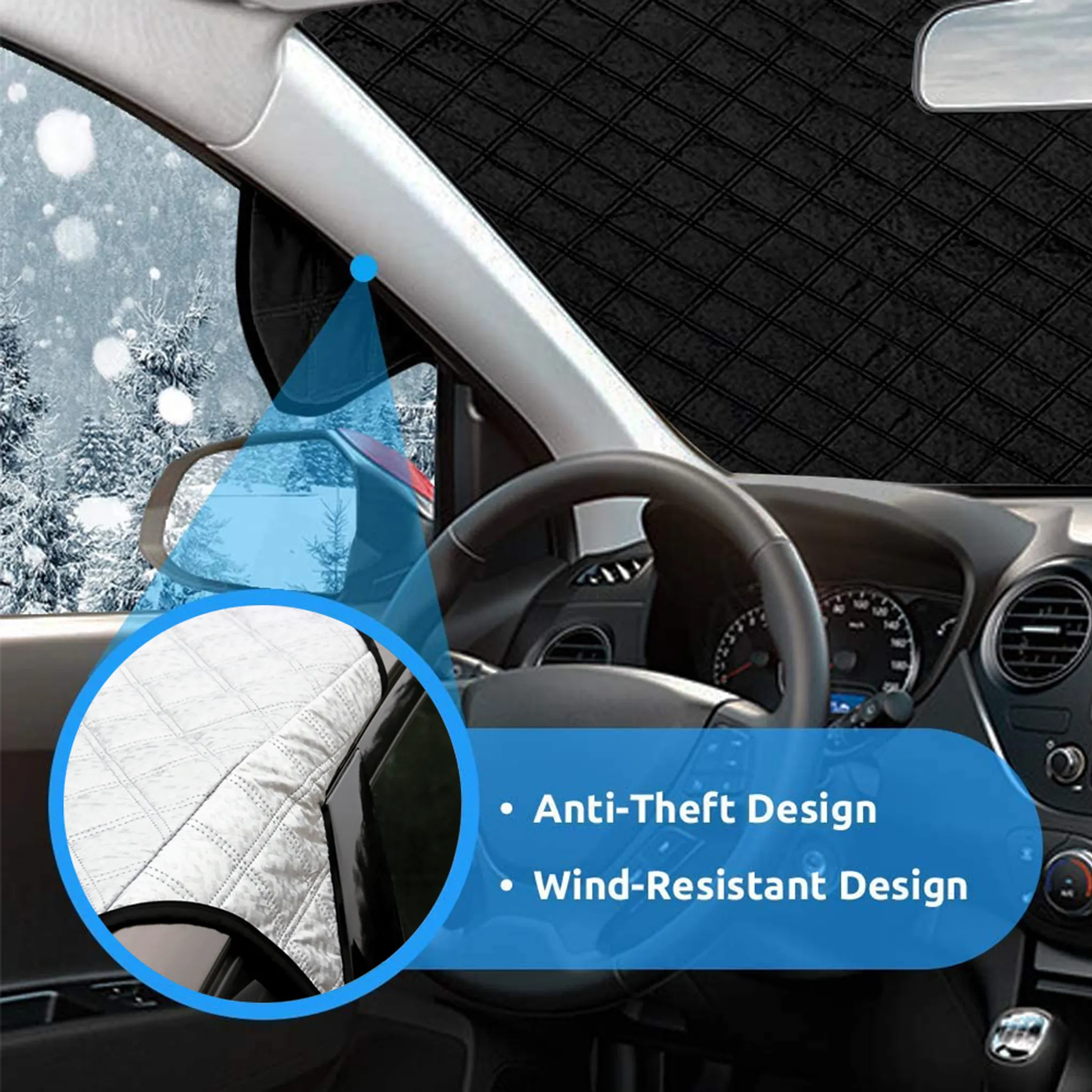 Auto-Innenraum mit Schneefall draußen. Windschutzscheibenabdeckung.