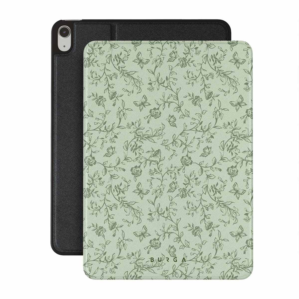 Black tablet case with a delicate green floral and butterfly pattern.