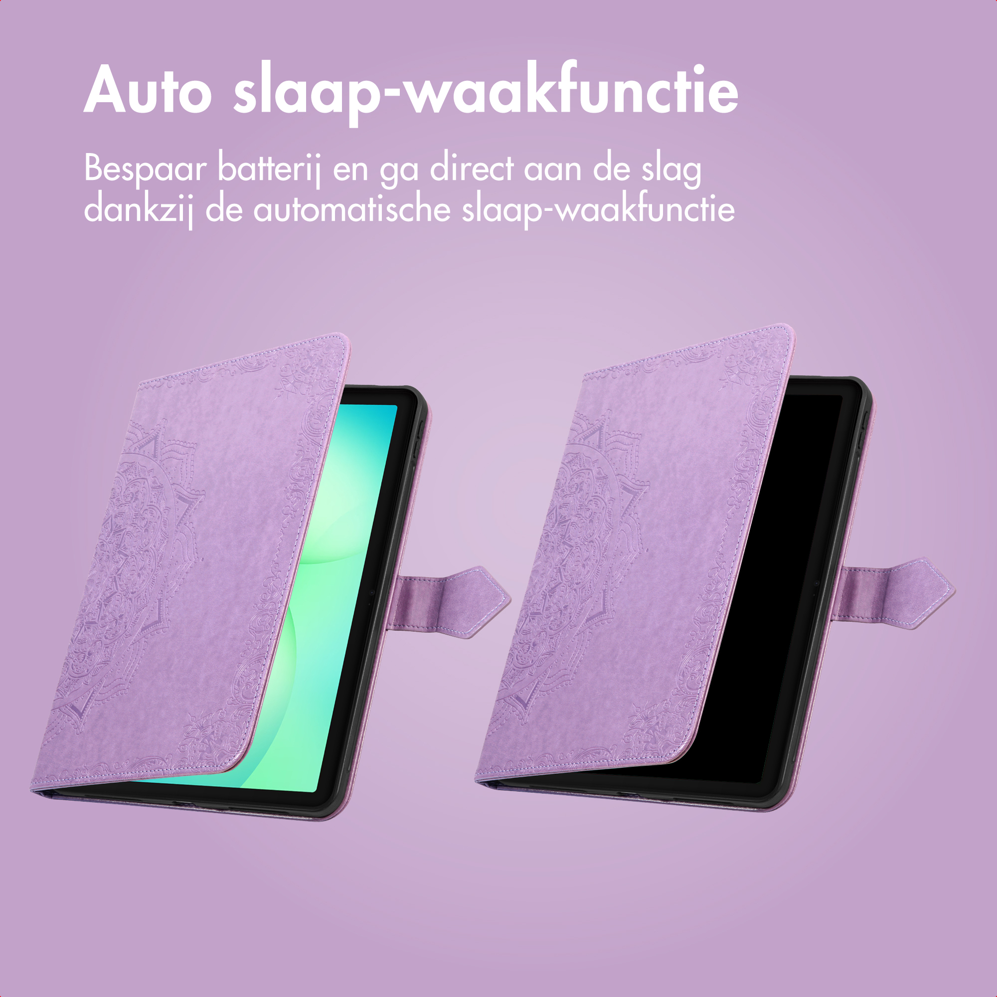 Purple tablet case with mandala pattern, two views shown.