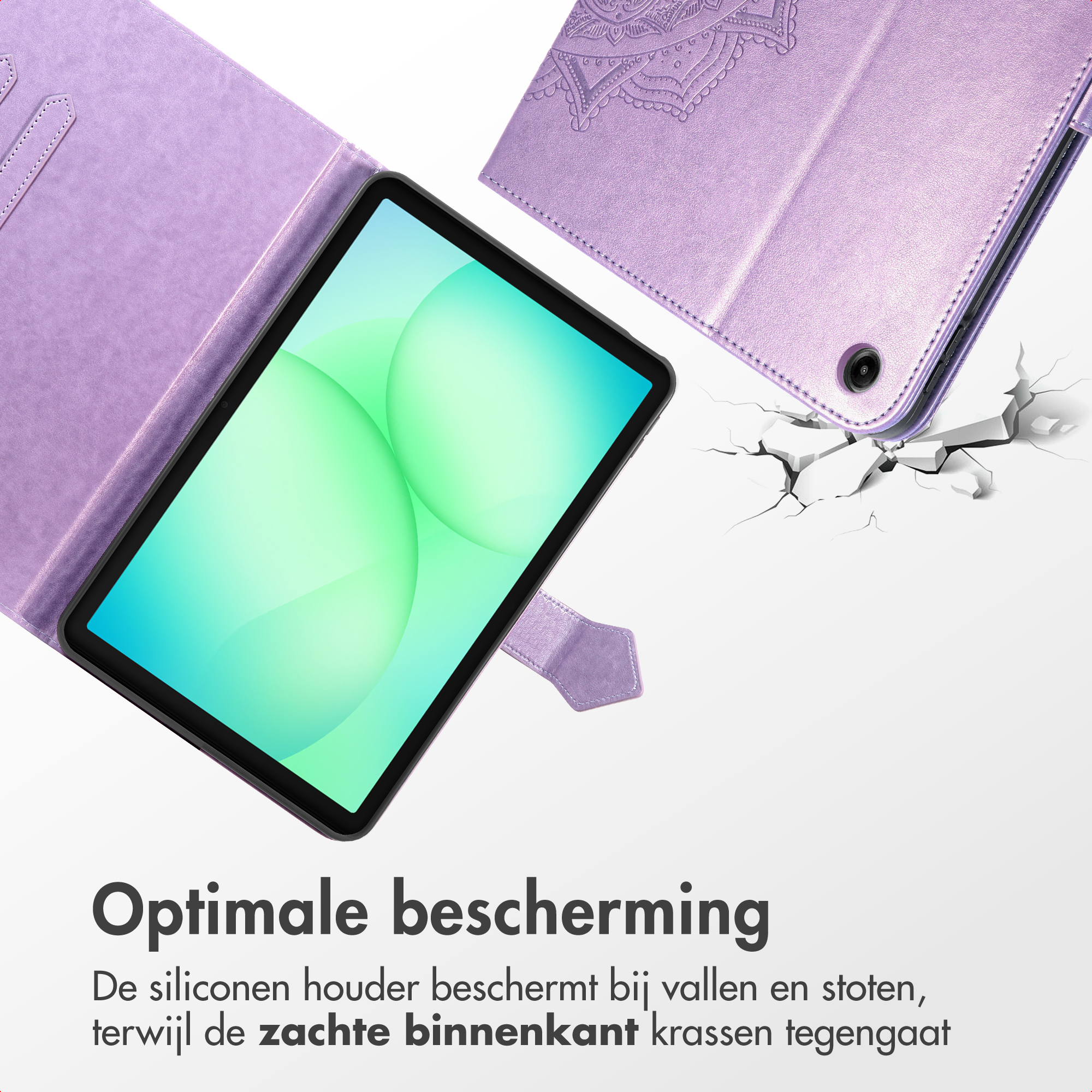 A purple tablet in a protective case, showing its screen and texture.