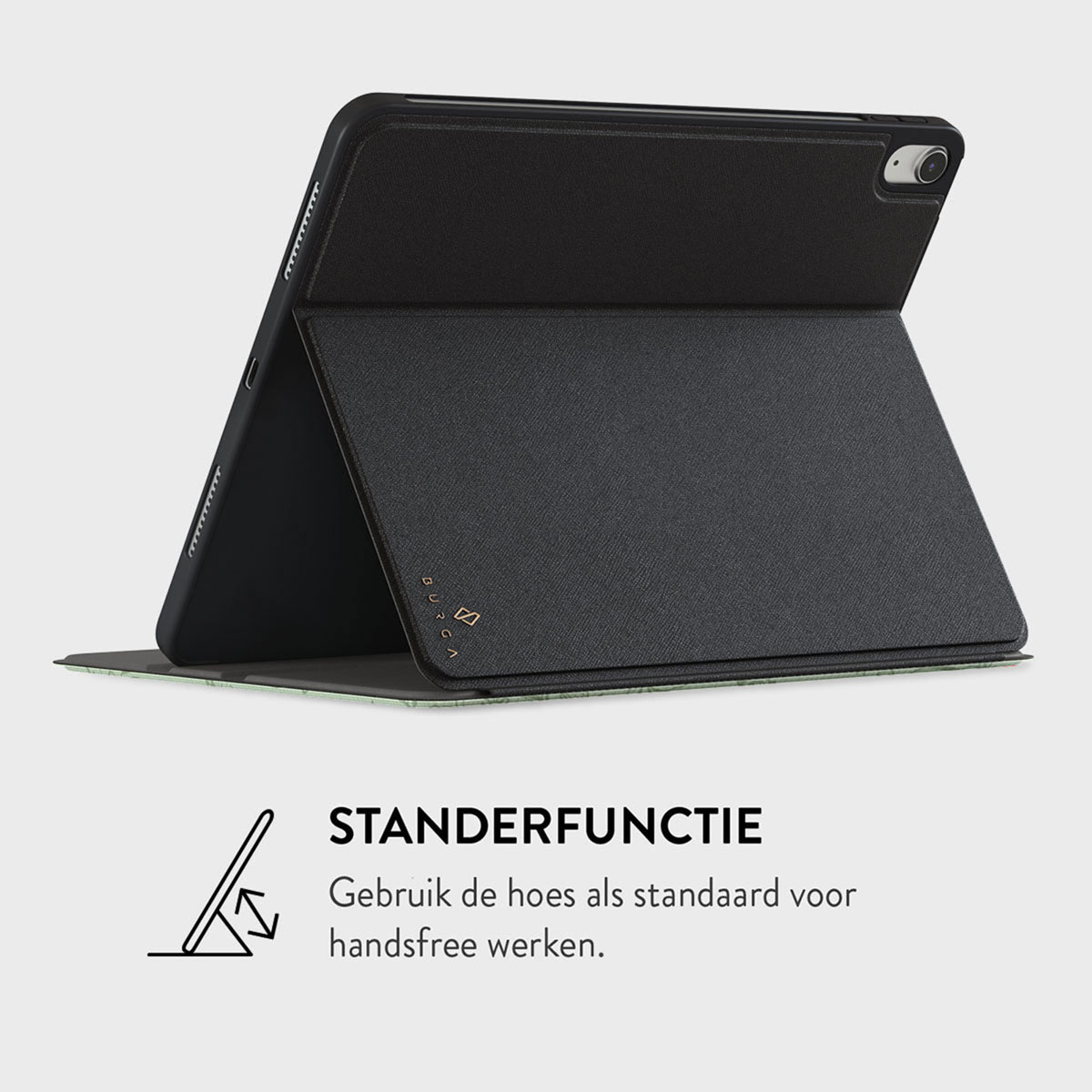 A black tablet in a case that functions as a stand.