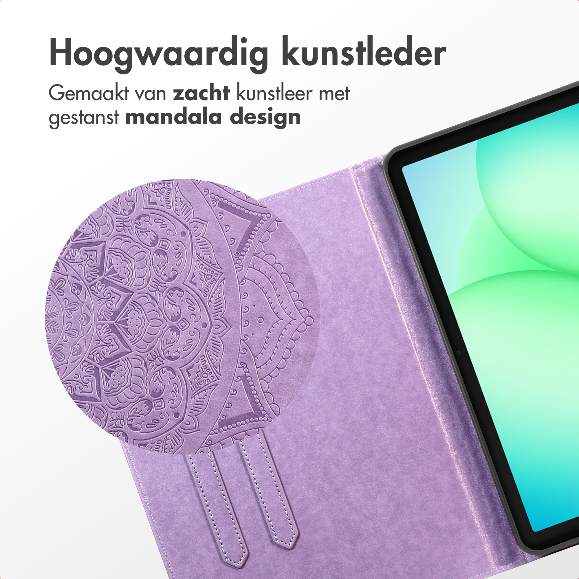 Purple faux leather tablet case with embossed mandala design.
