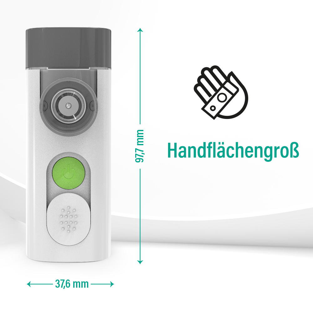 Handflächengroßer Inhalator: 97,7 mm x 37,6 mm.
