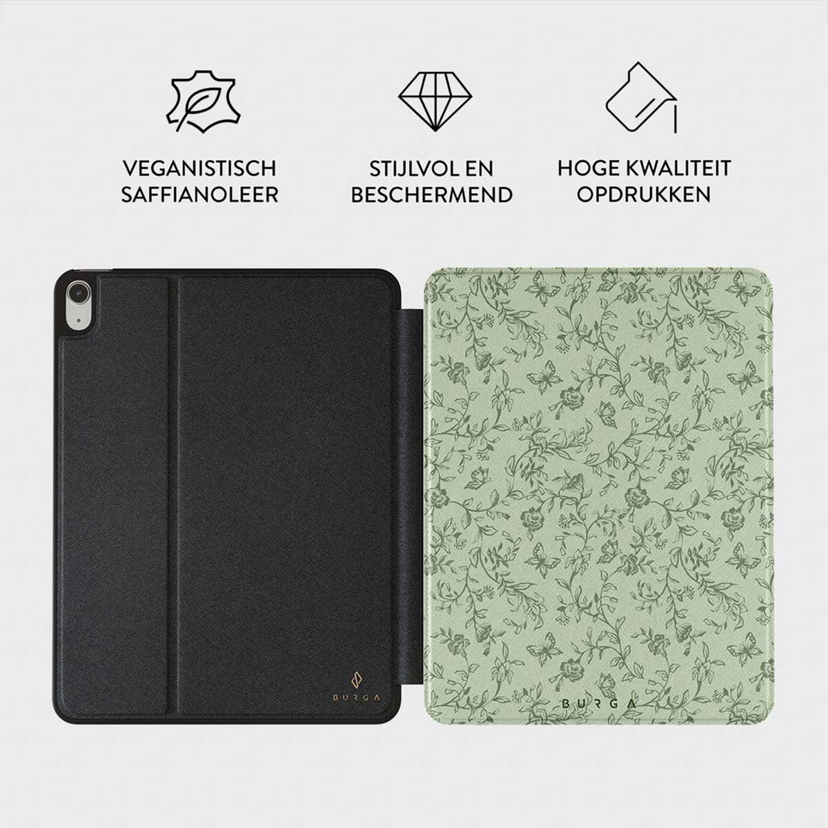 A black tablet case and a light green case with a floral pattern.