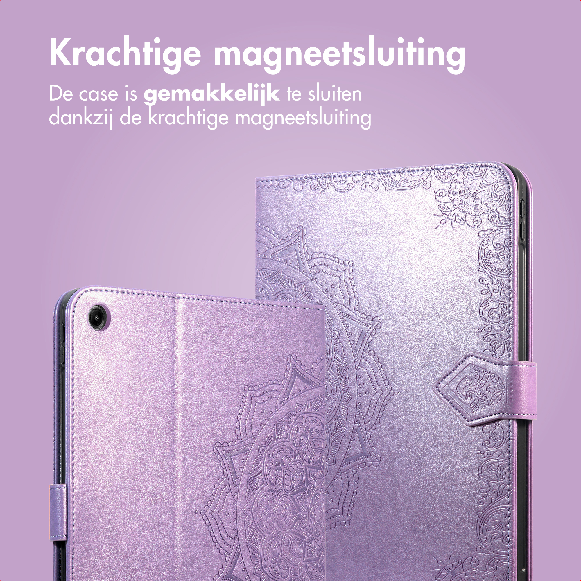 Purple tablet case with embossed mandala pattern and strong magnetic closure.