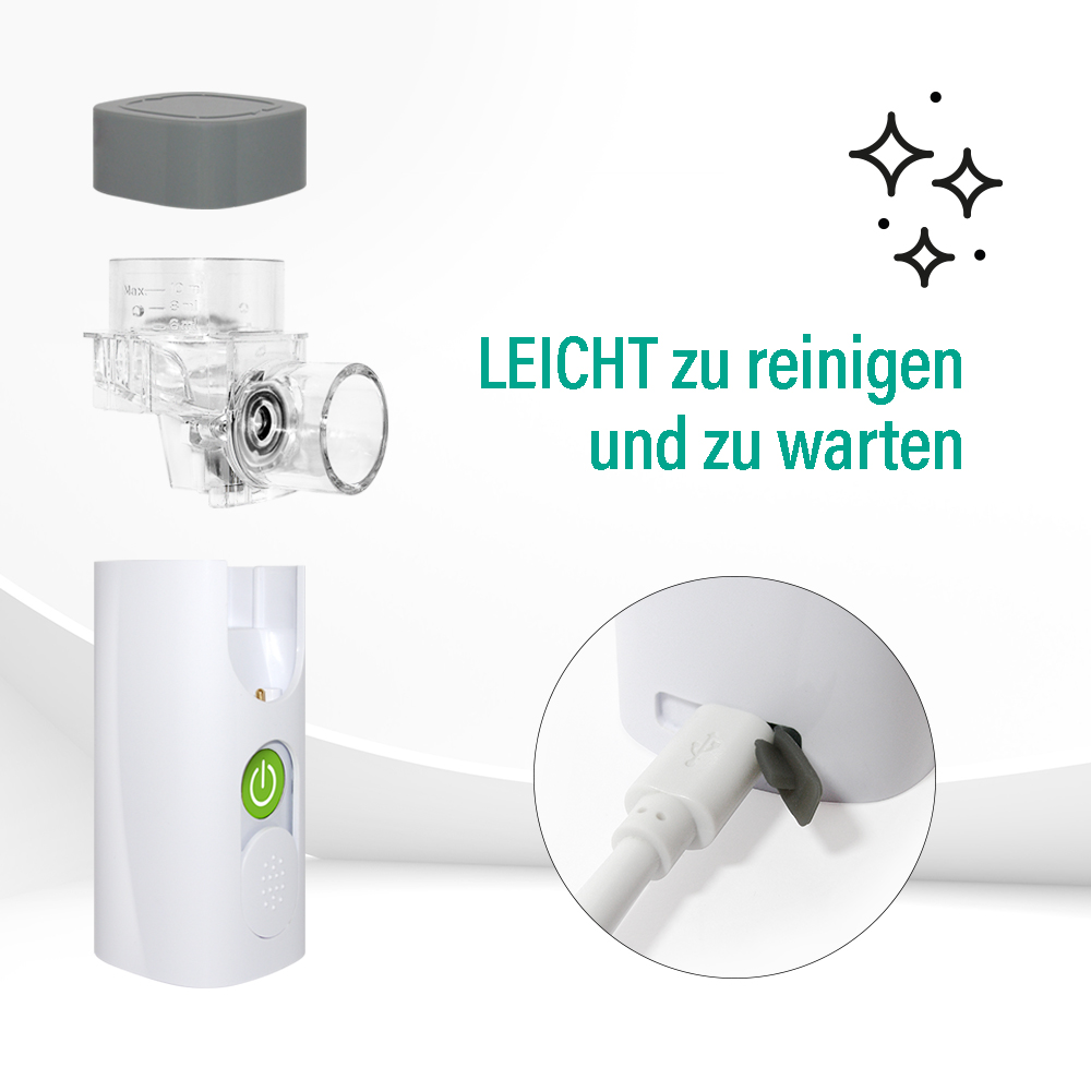 Ein Verneblerteil, ein weißes Gerät mit Ein-/Aus-Taste und ein USB-Ladekabel.