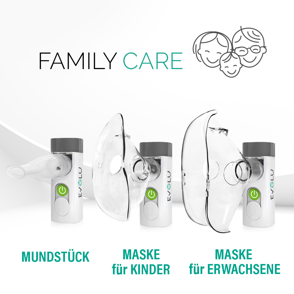 Drei Inhalatoren mit Zubehör: Mundstück, Kinder- und Erwachsenenmaske.