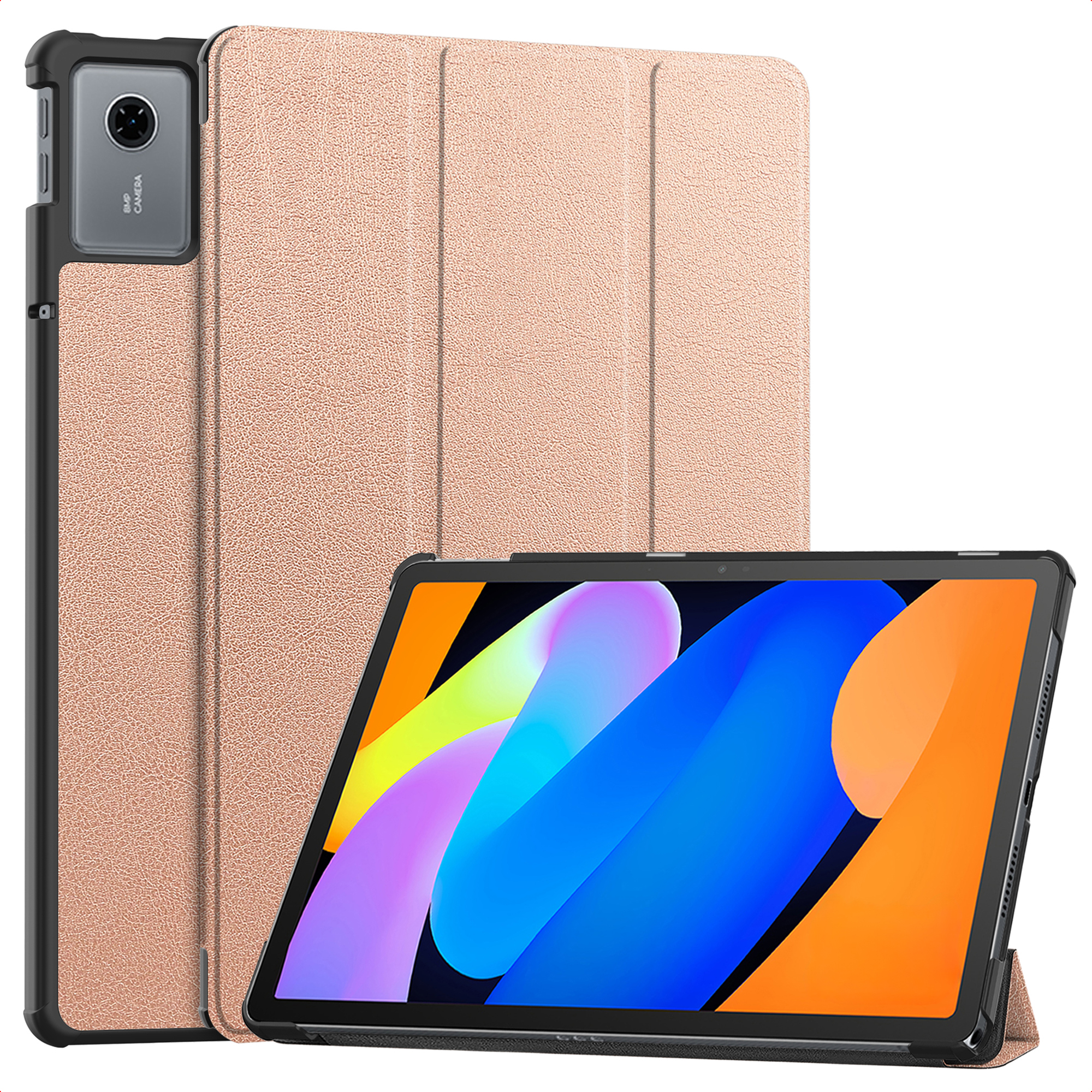 Een roségouden tablet met een gevouwen hoes en een kleurrijk scherm.