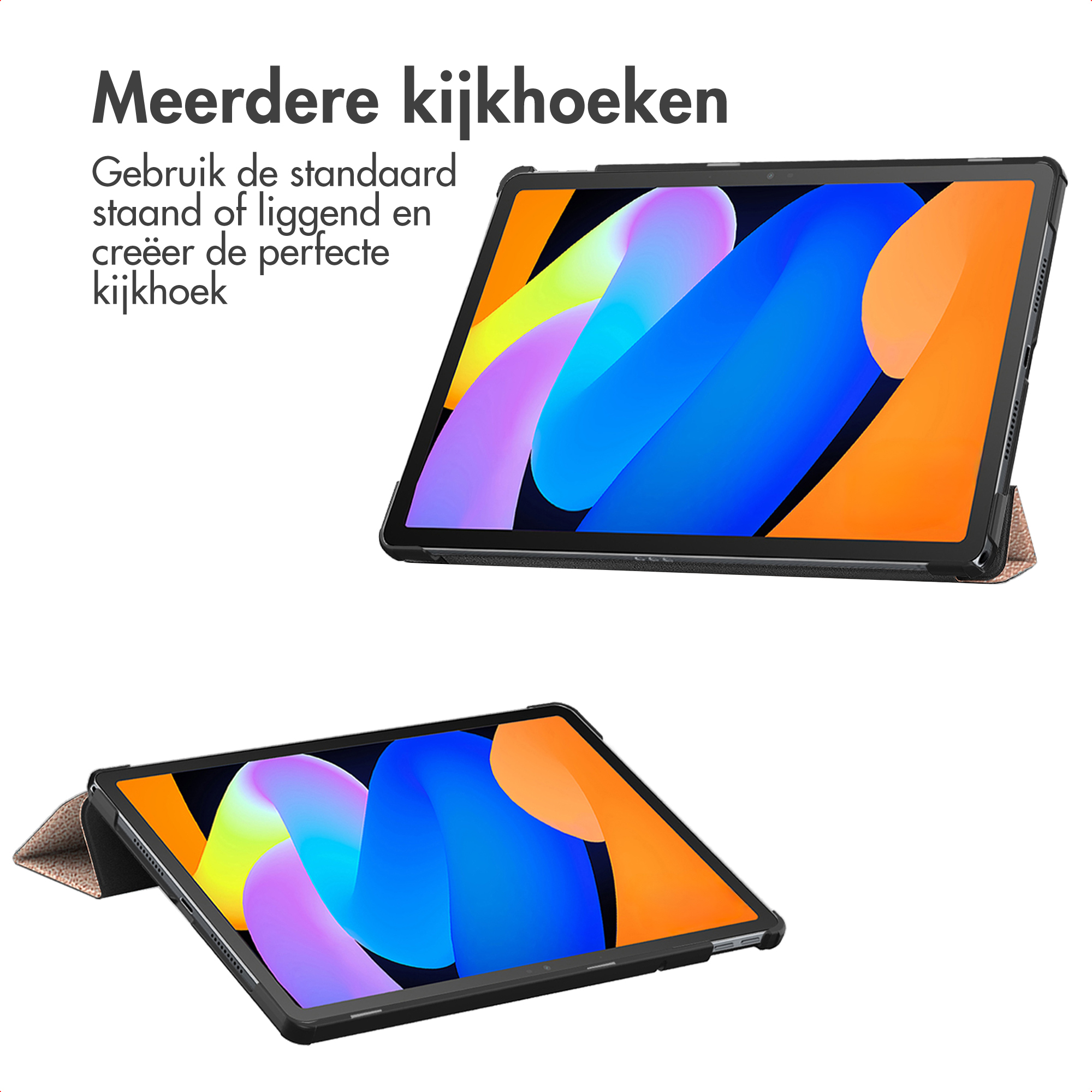 Twee tablets in beschermende hoezen met kleurrijke achtergronden op wit.