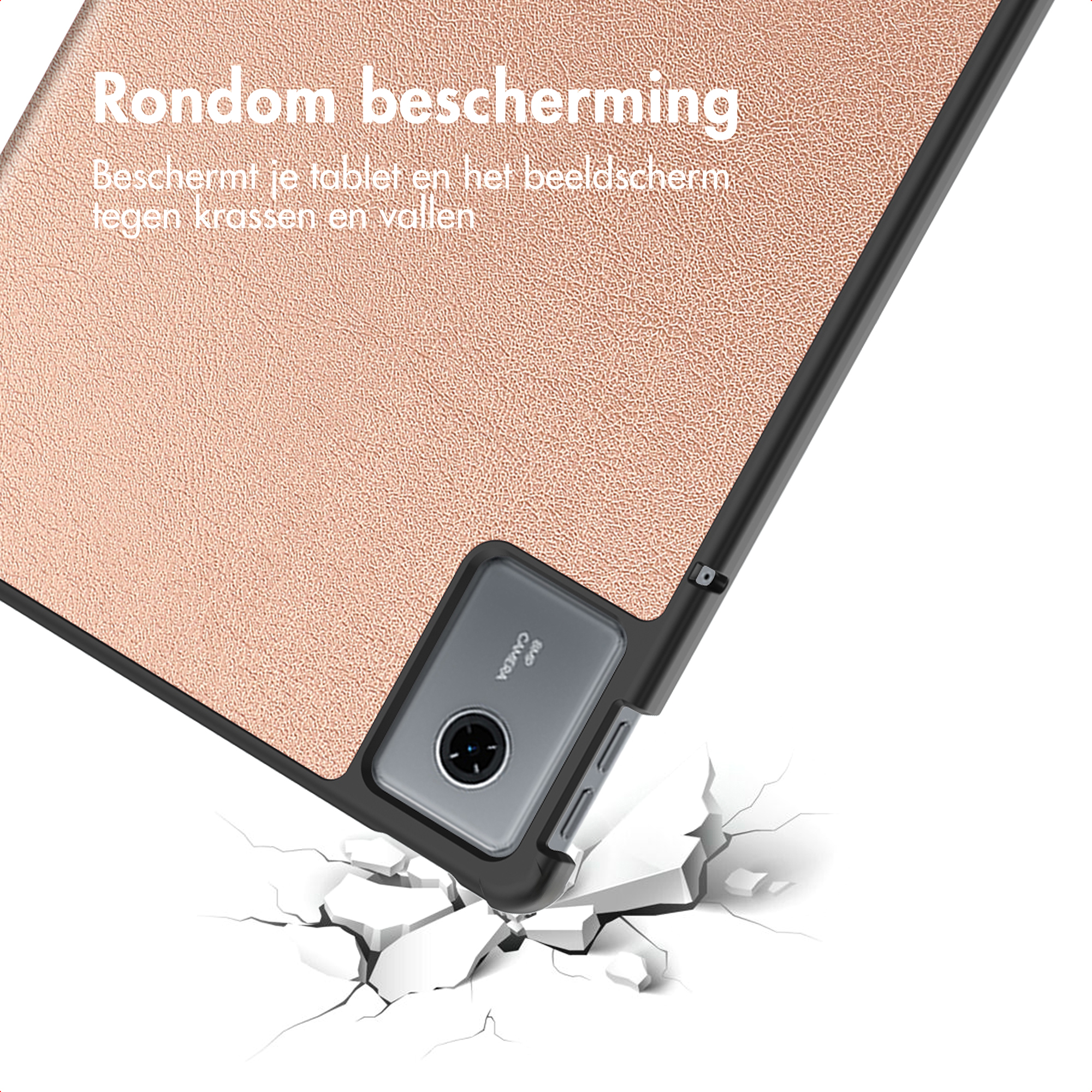 Een roségouden tablet met camera valt op gebarsten grond.
