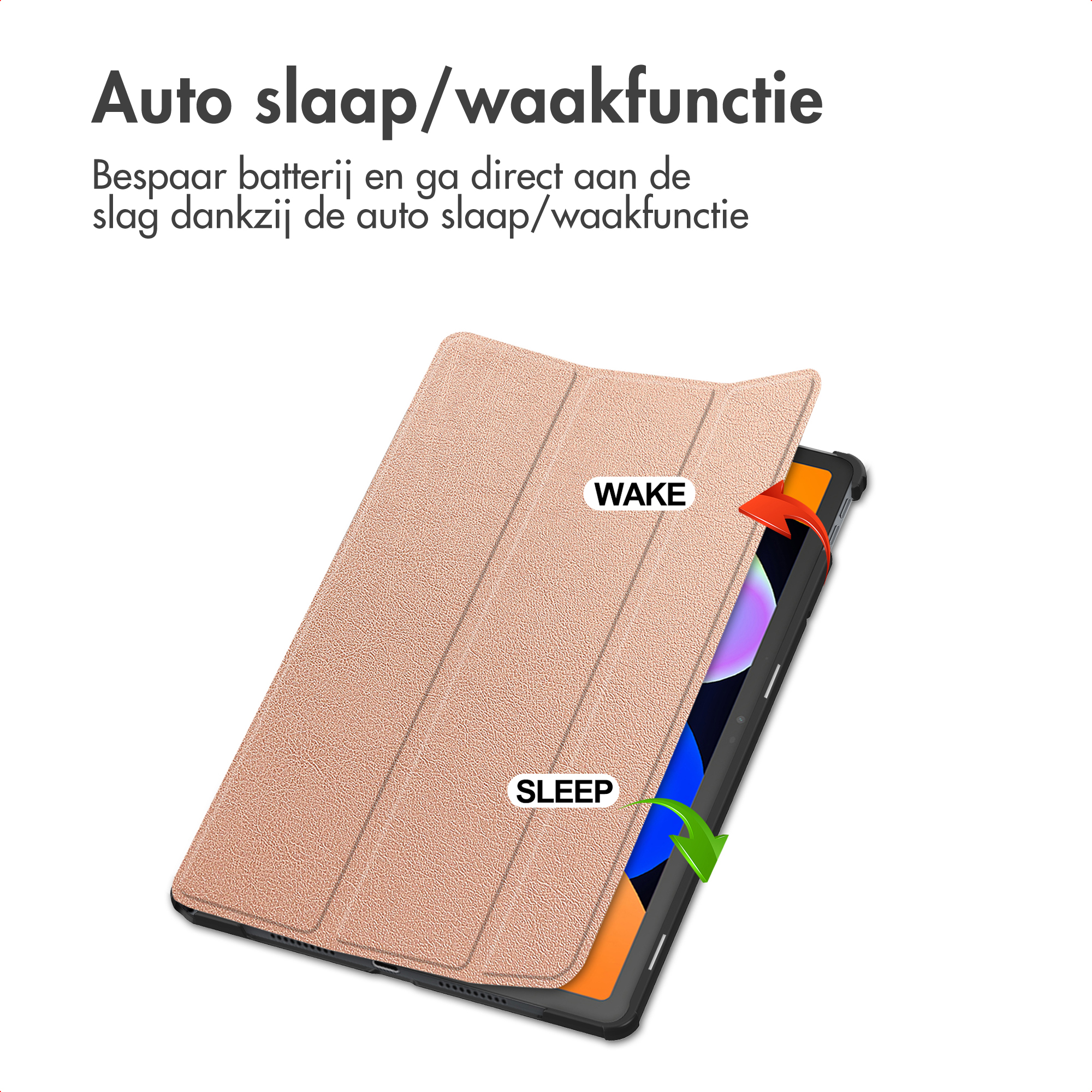 Een roségouden tablet met hoes, die de slaap/waakfunctie toont.