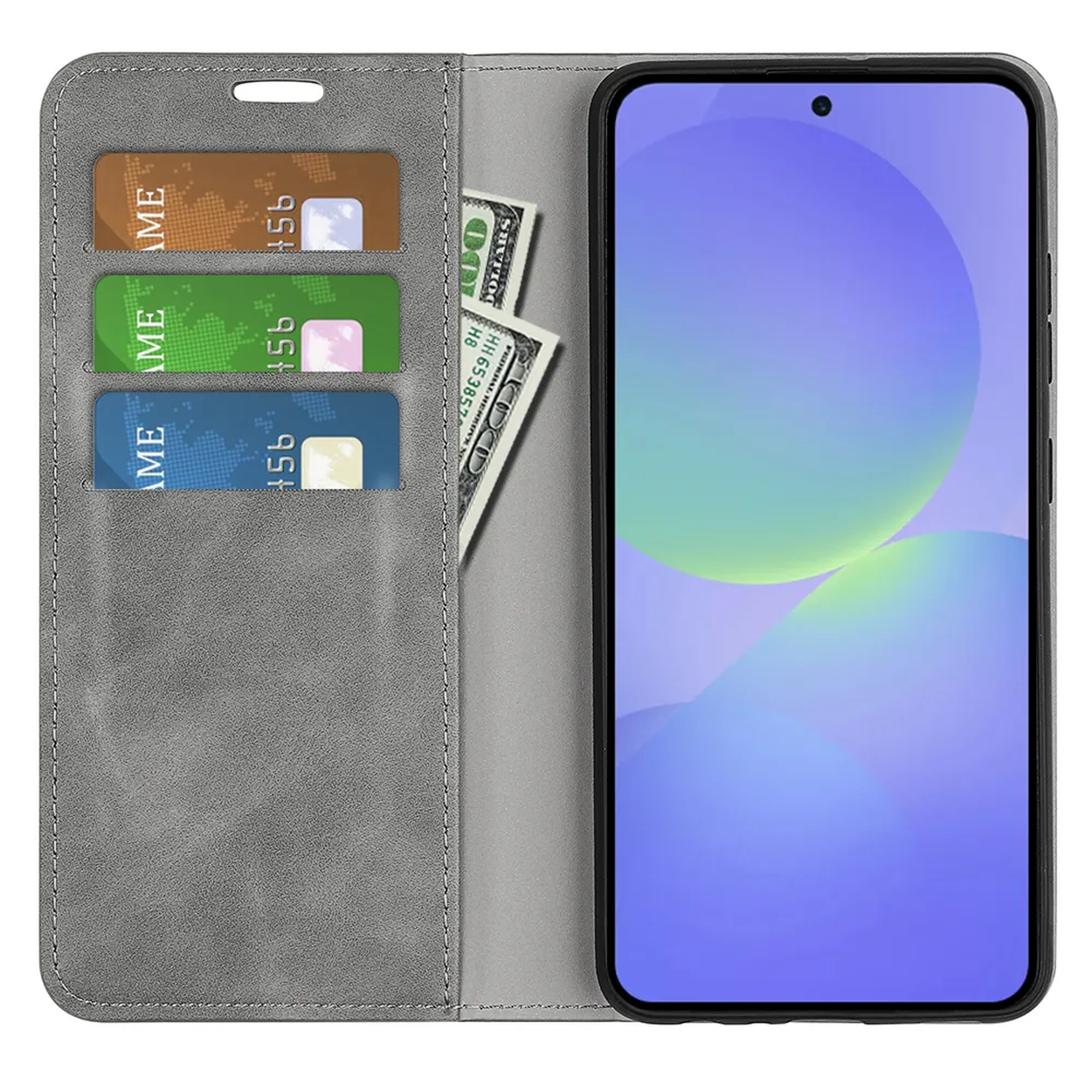 Grijze portemonnee met drie kaarthouders en contant geld, naast een smartphone.