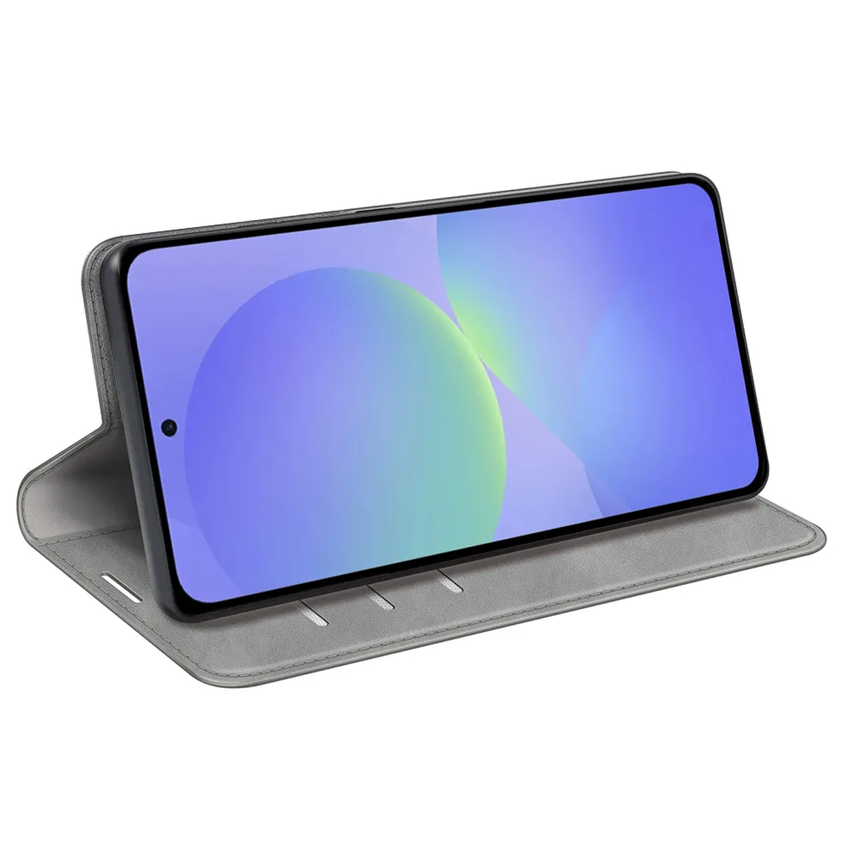 Grijze telefoonhoes geopend, met smartphone en blauwgroene achtergrond.