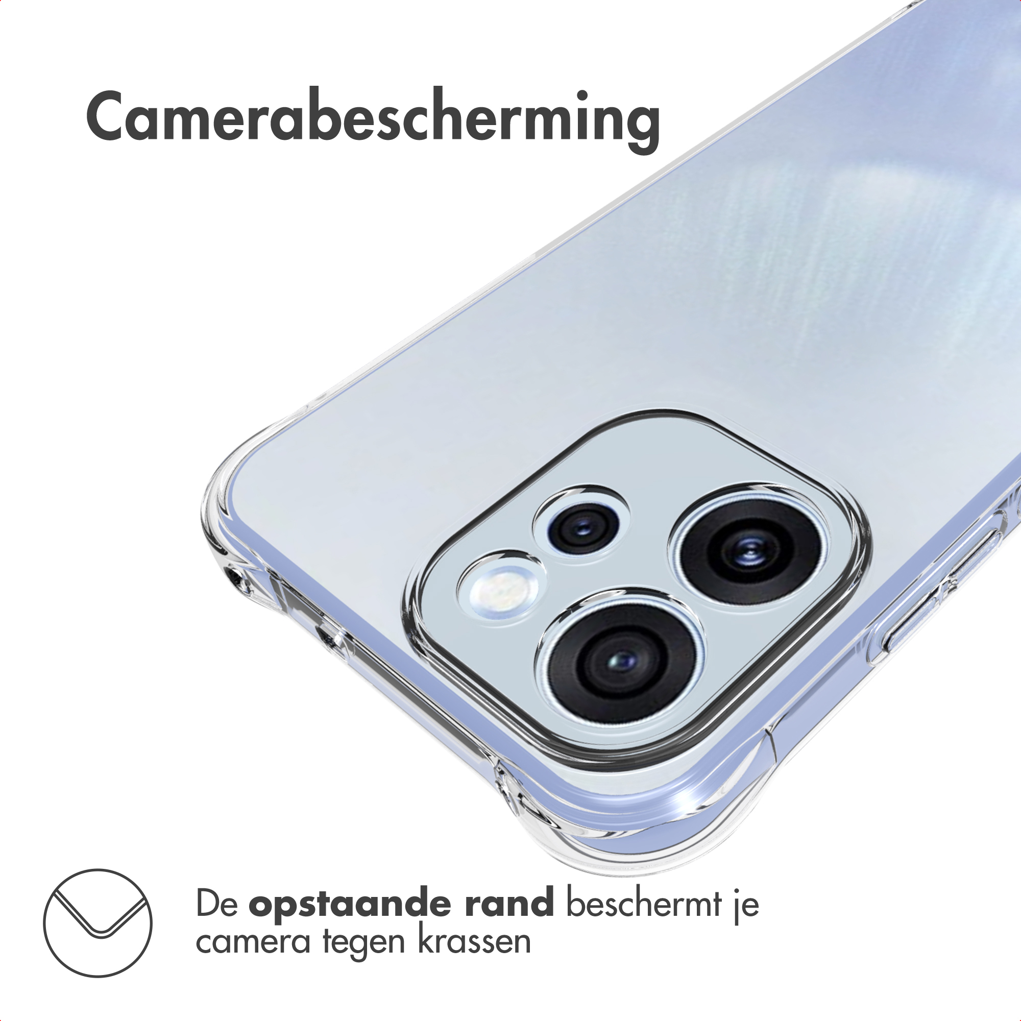 Clear phone case shows camera module with flash and three lenses.