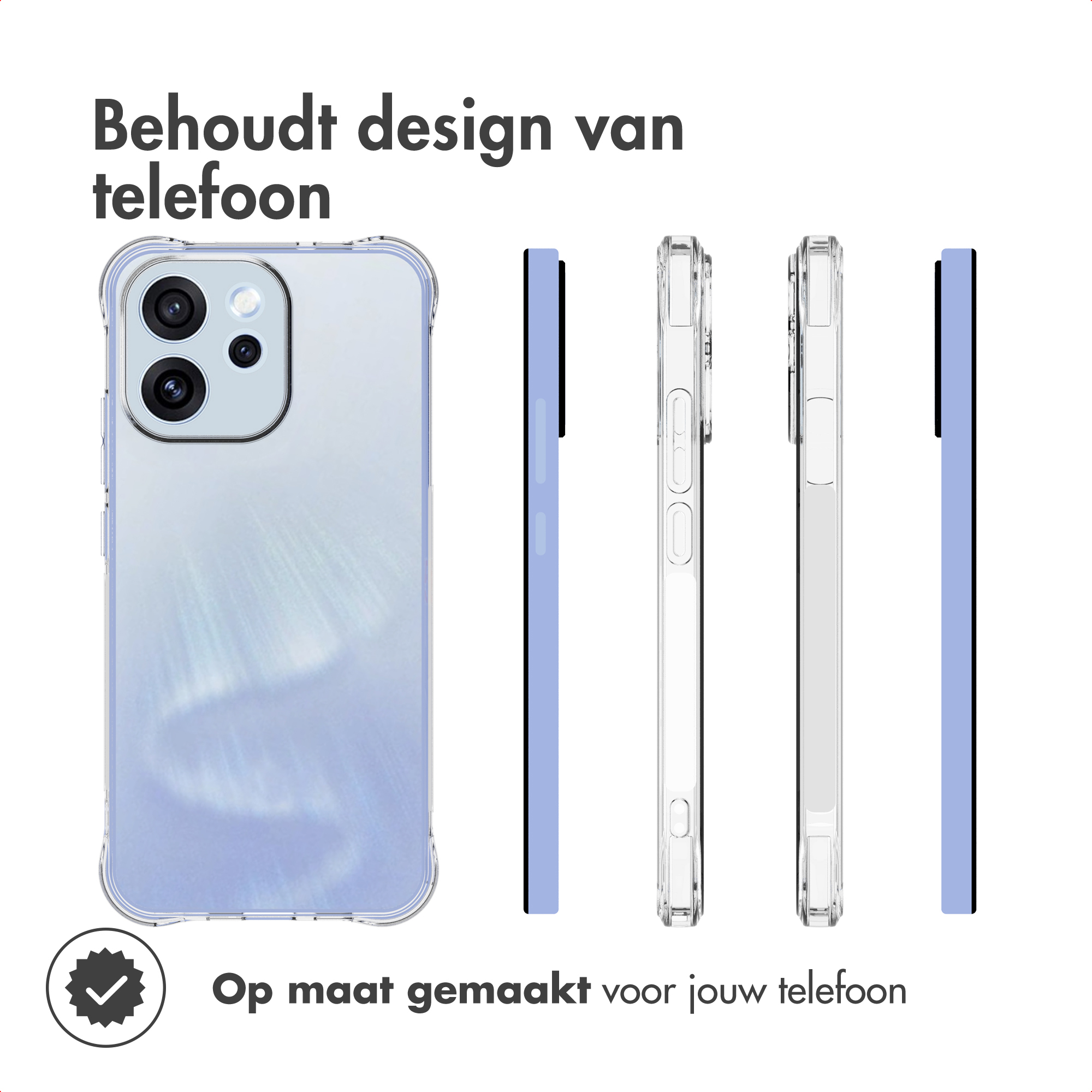 Clear phone case showing back, side views and a blue stripe.