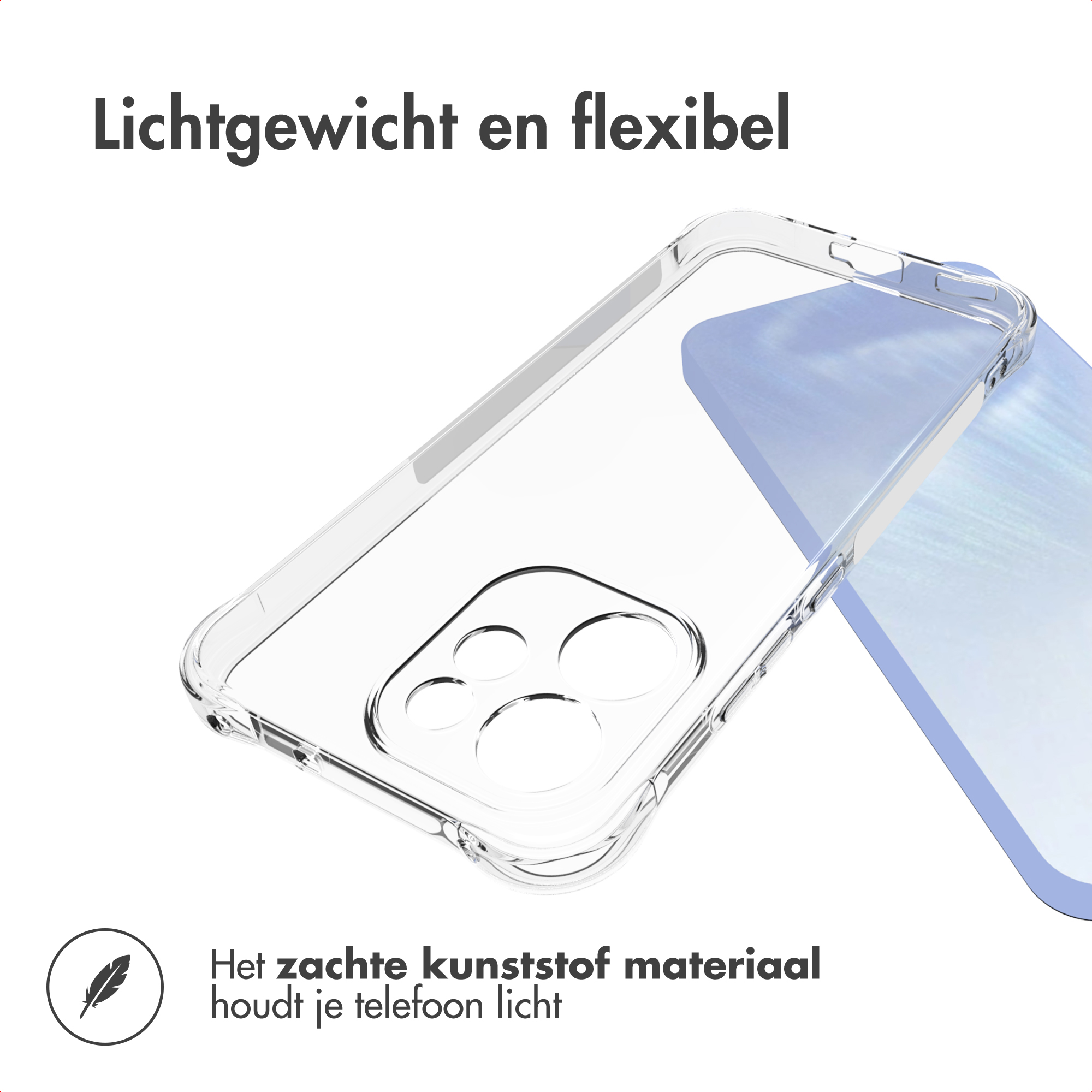 Clear phone case with cutouts for cameras and buttons. Lightweight.