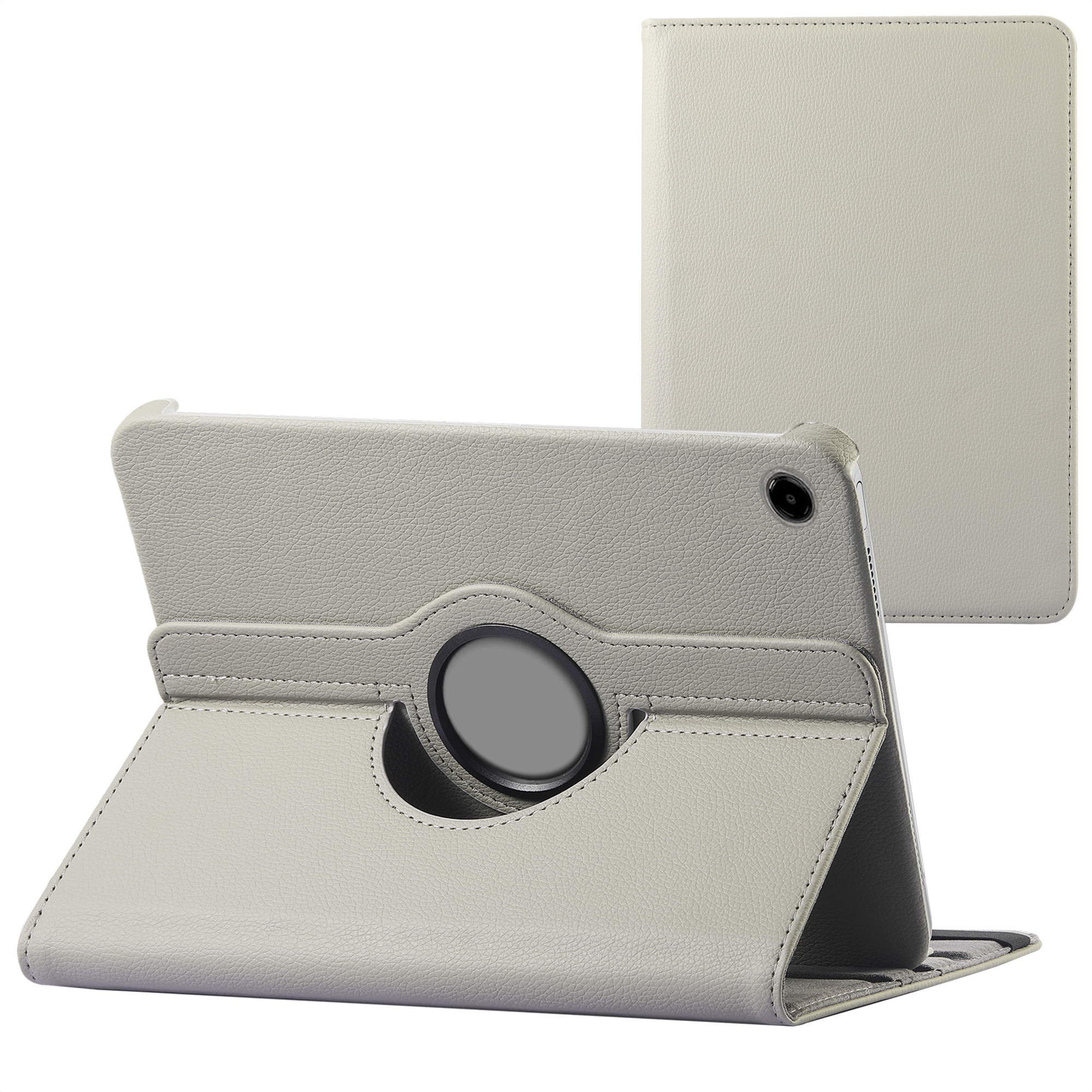 Étui gris pour tablette avec support rotatif et découpe.