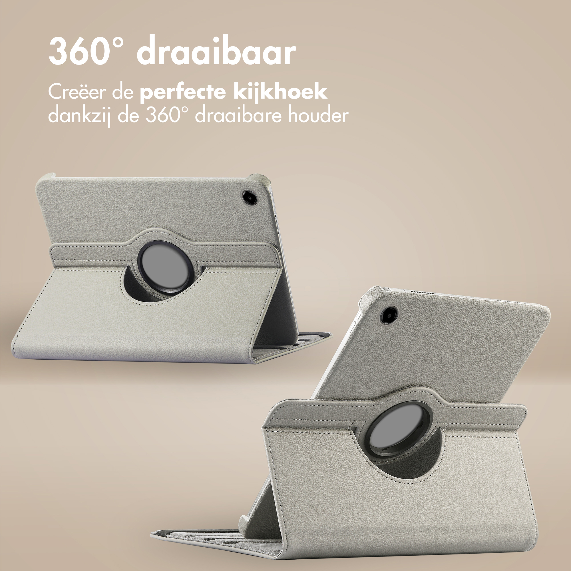 Étui gris pour tablette avec support rotatif à 360°, deux vues.