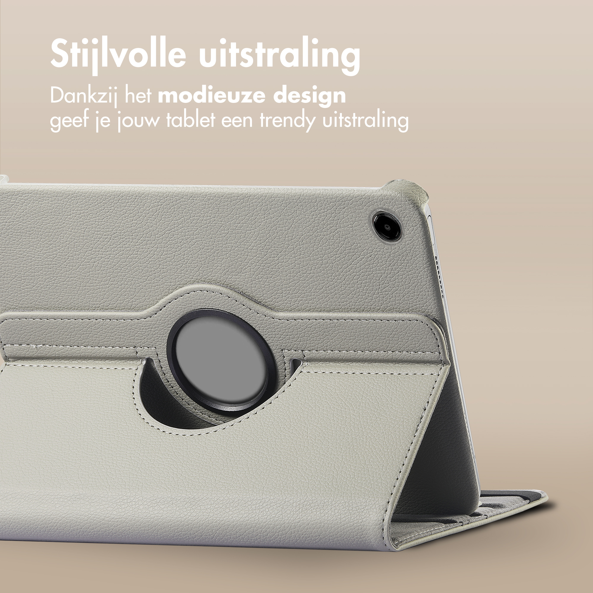 Étui gris pour tablette avec fonction pivotante et trou caméra.