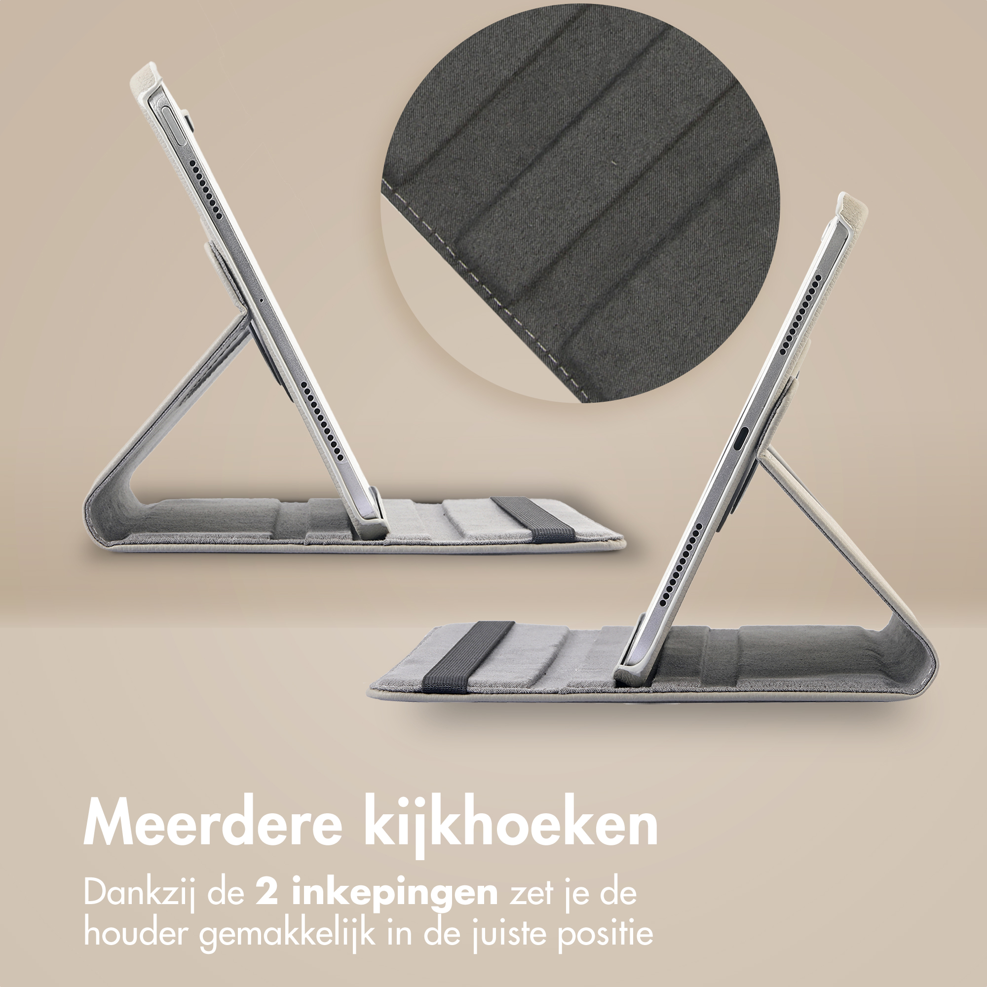 Étui gris pour tablette présenté en deux positions avec gros plan tissu.