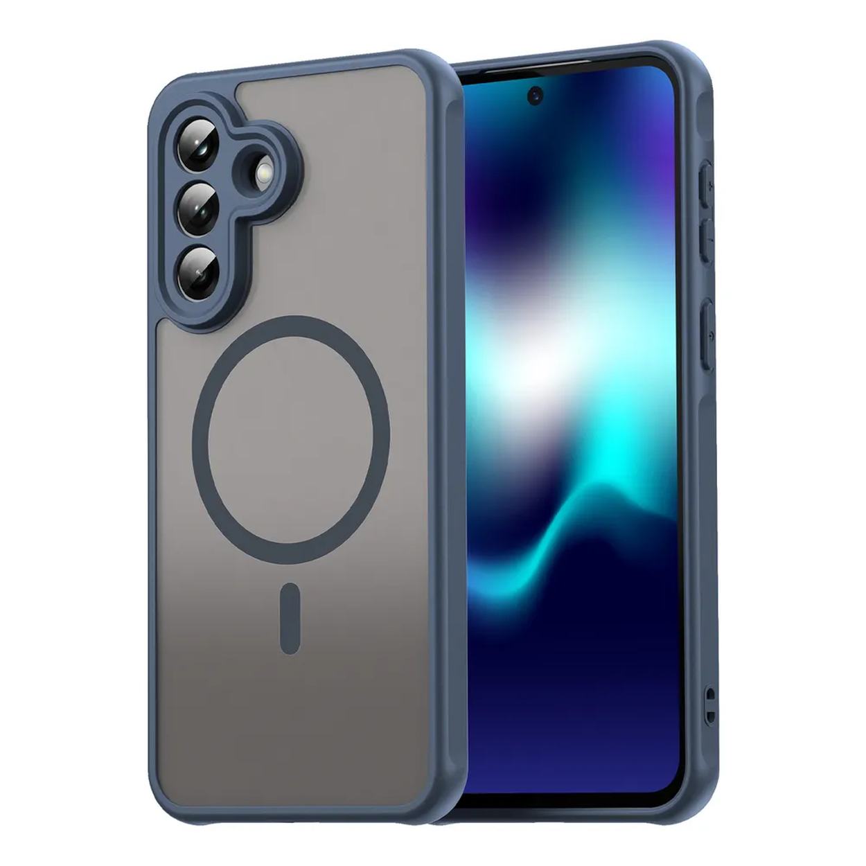 Une coque de téléphone bleue avec triple appareil photo et anneau magnétique.