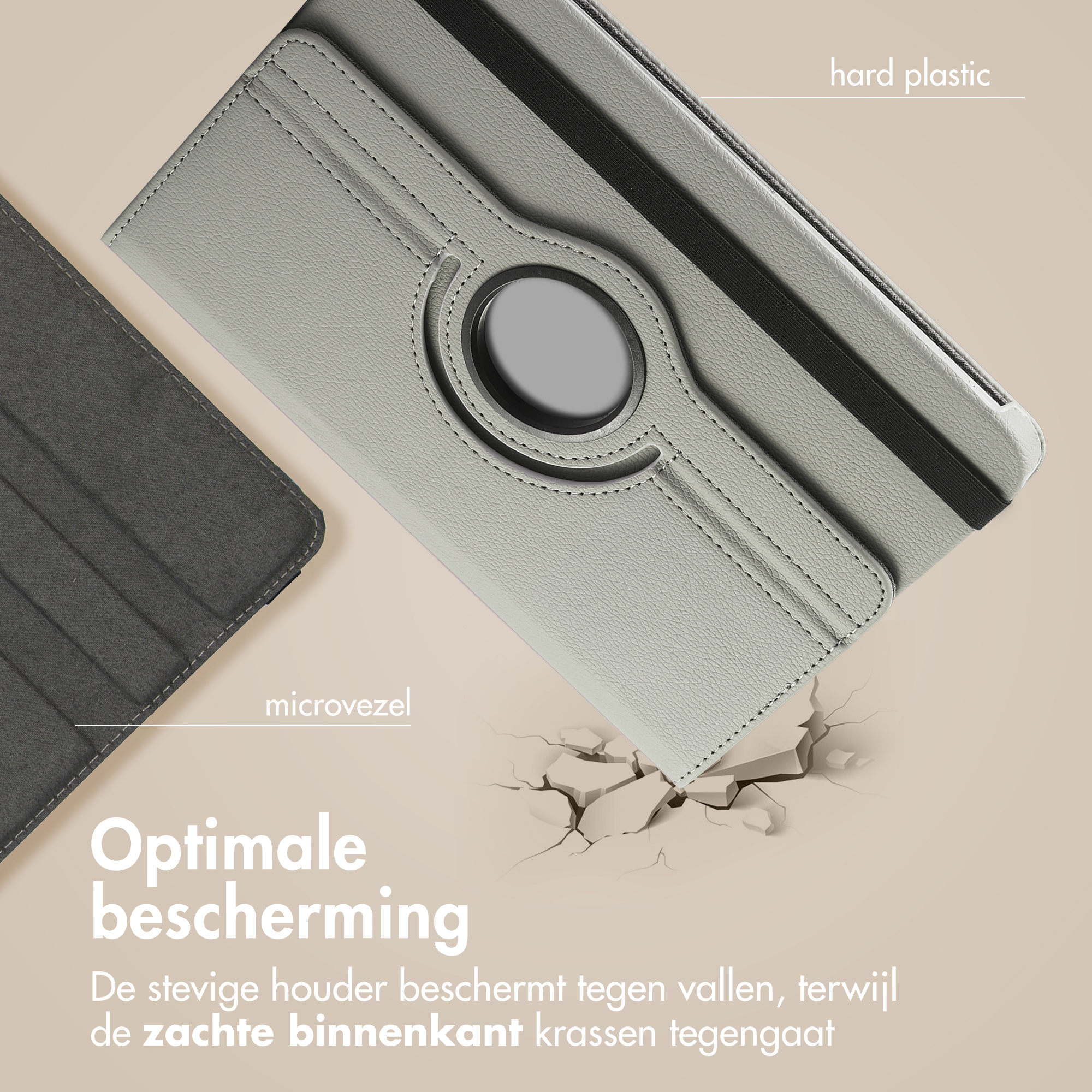 Étui gris pour tablette avec détails microfibre et plastique dur.