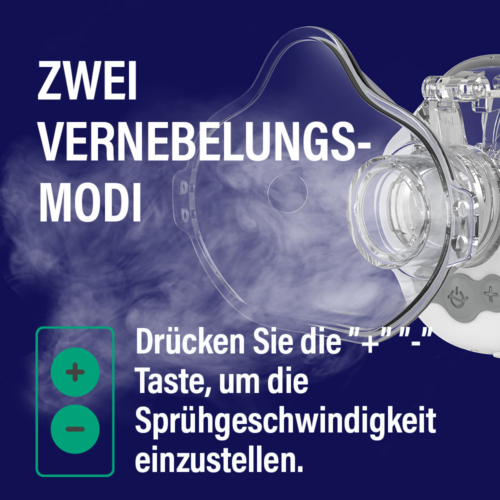 Ein Vernebler mit zwei Modi und Tasten zum Einstellen der Sprühgeschwindigkeit.
