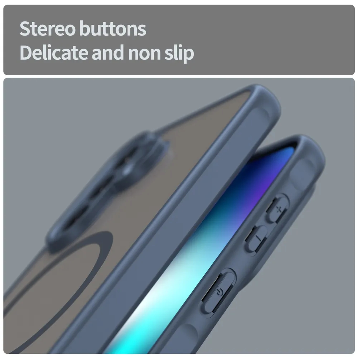Une coque de téléphone bleue avec des boutons stéréo et une texture antidérapante.