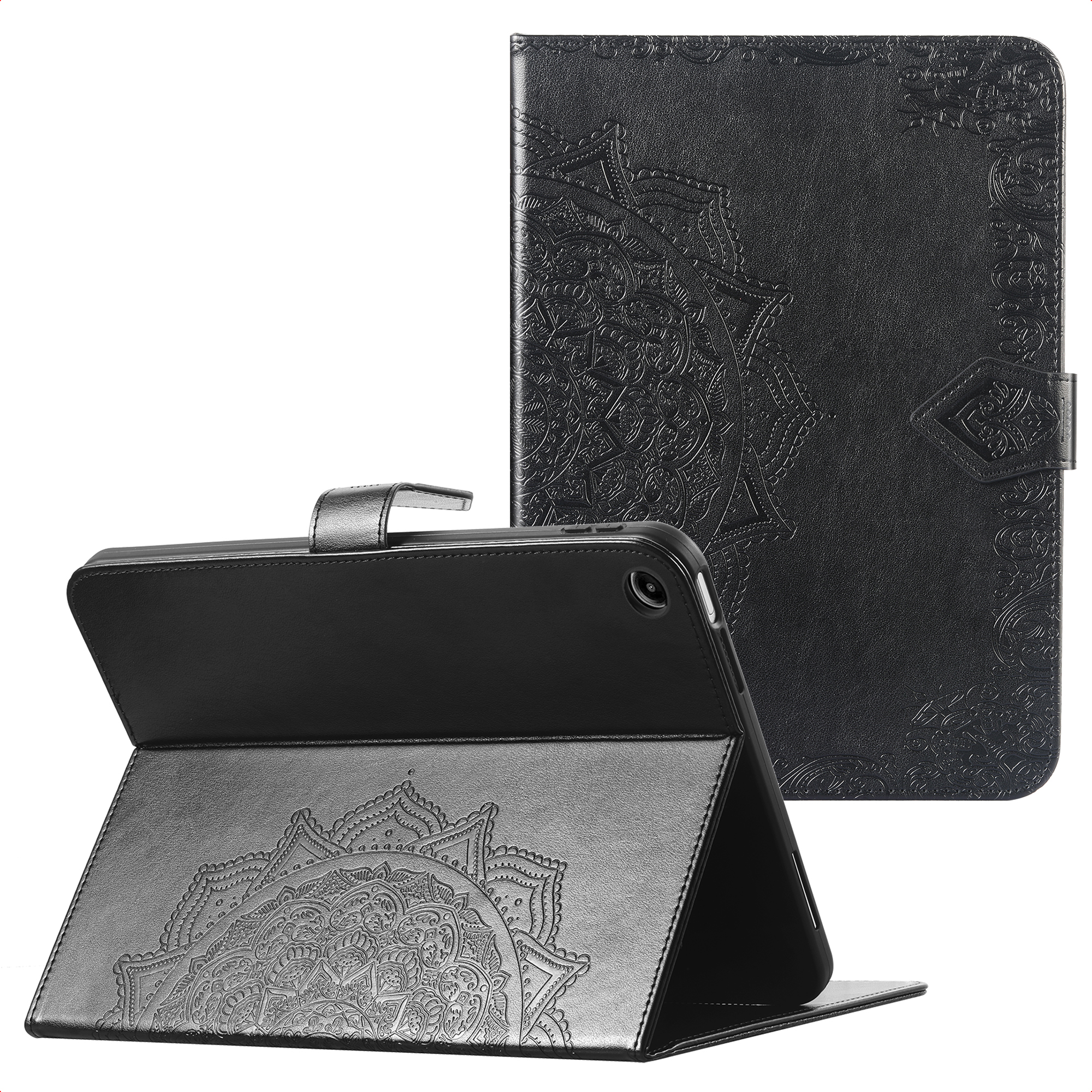 Black tablet case with mandala pattern, standing up.