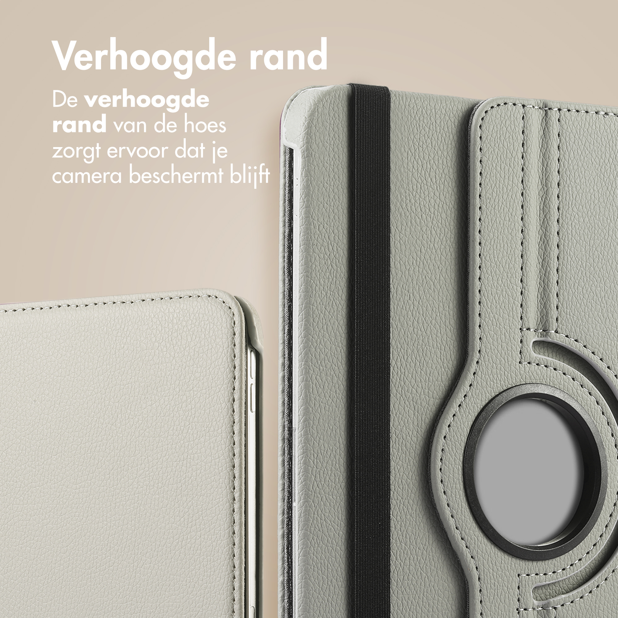 Étui gris pour tablette avec bord surélevé et sangle élastique noire.