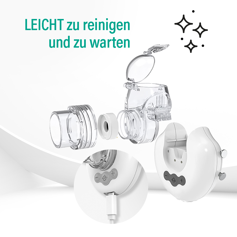 Ein zerlegtes Verneblergerät mit transparenten Teilen und weißer Basis.
