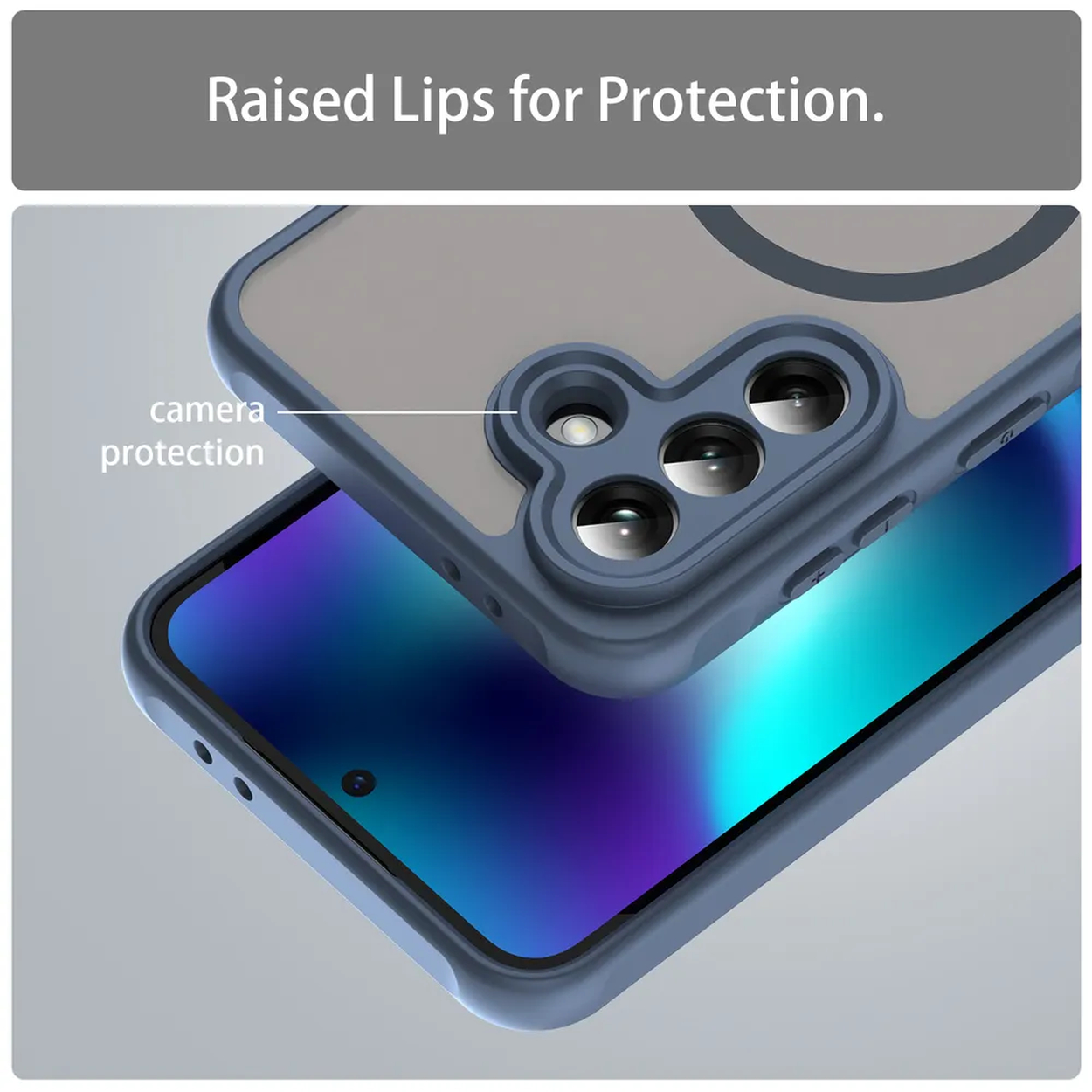 Coque de téléphone bleue avec protection caméra sur écran bleu.